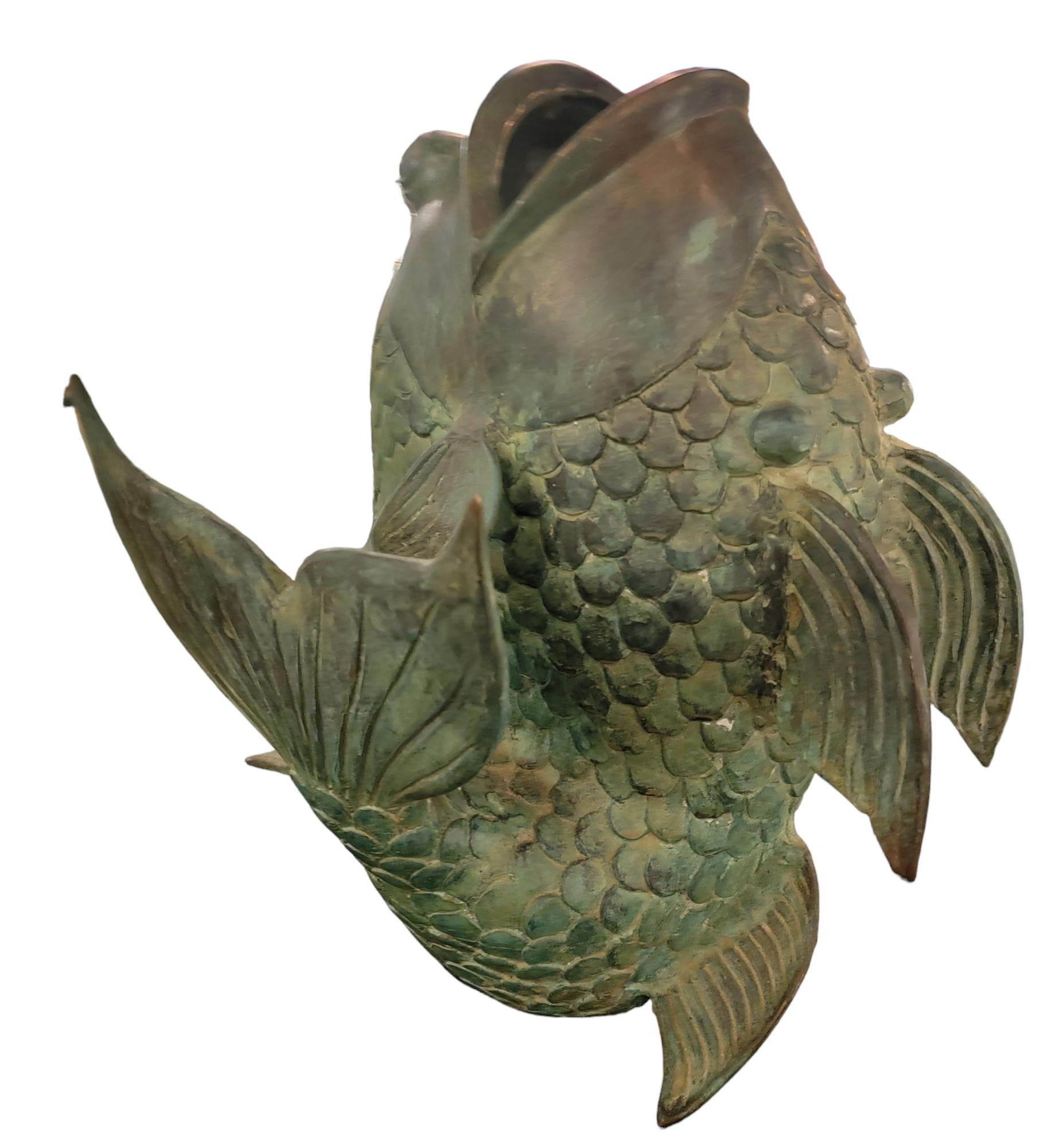 Mid-Century Modern Patinaed Bronze Koi  Fish Vessel Sculpture
