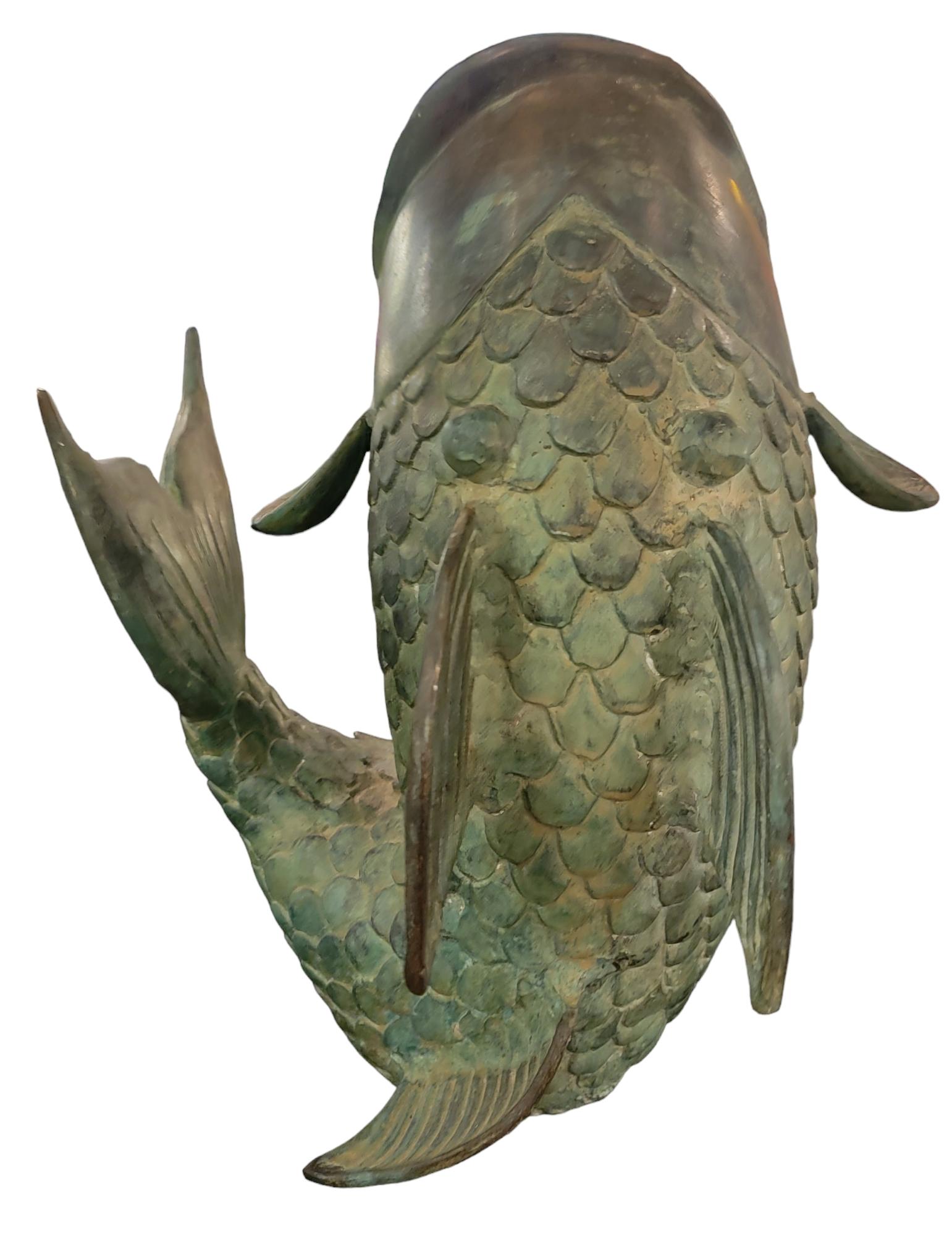 Mid-20th Century Patinaed Bronze Koi  Fish Vessel Sculpture