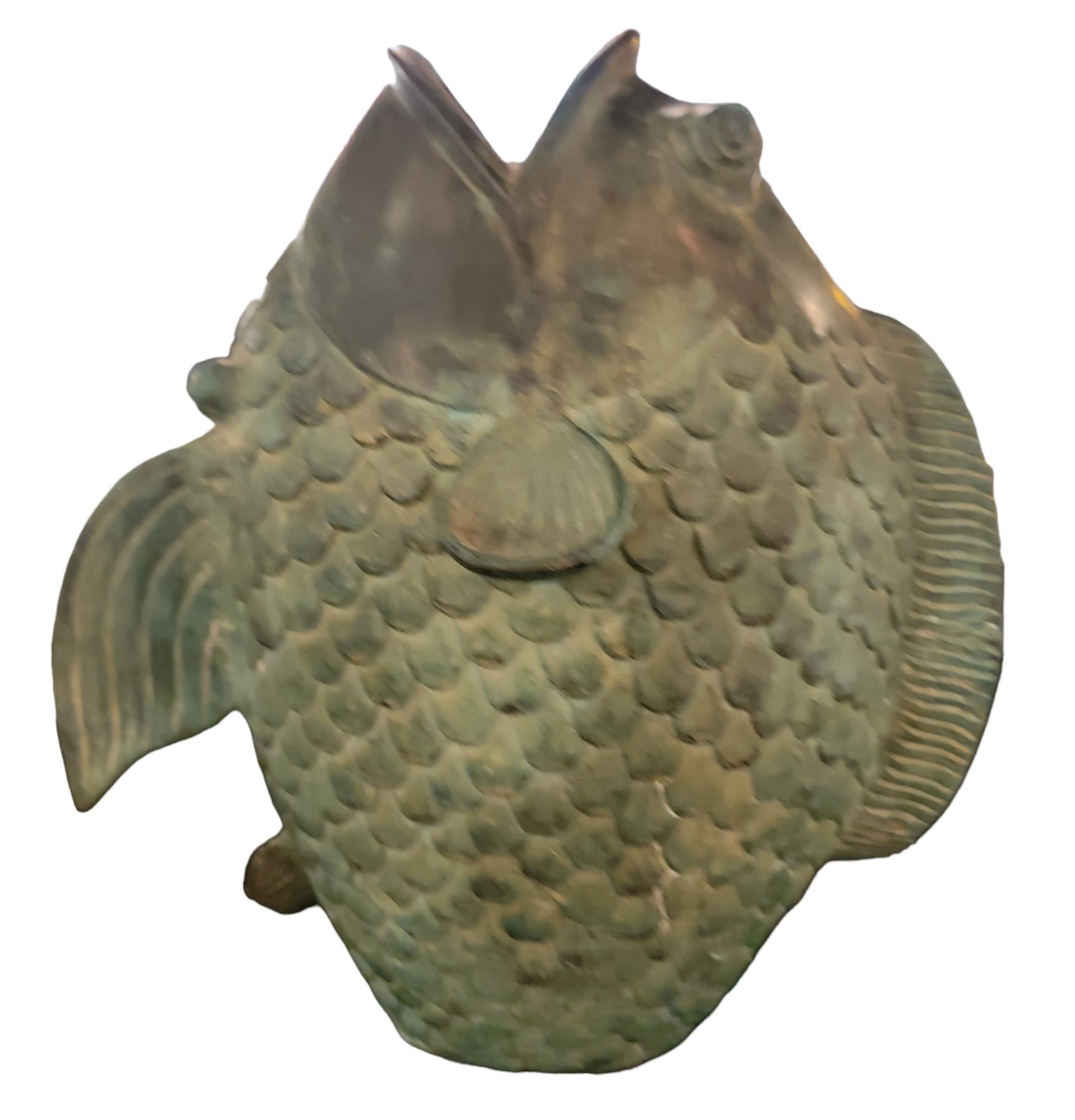 Patinaed Bronze Koi  Fish Vessel Sculpture 1