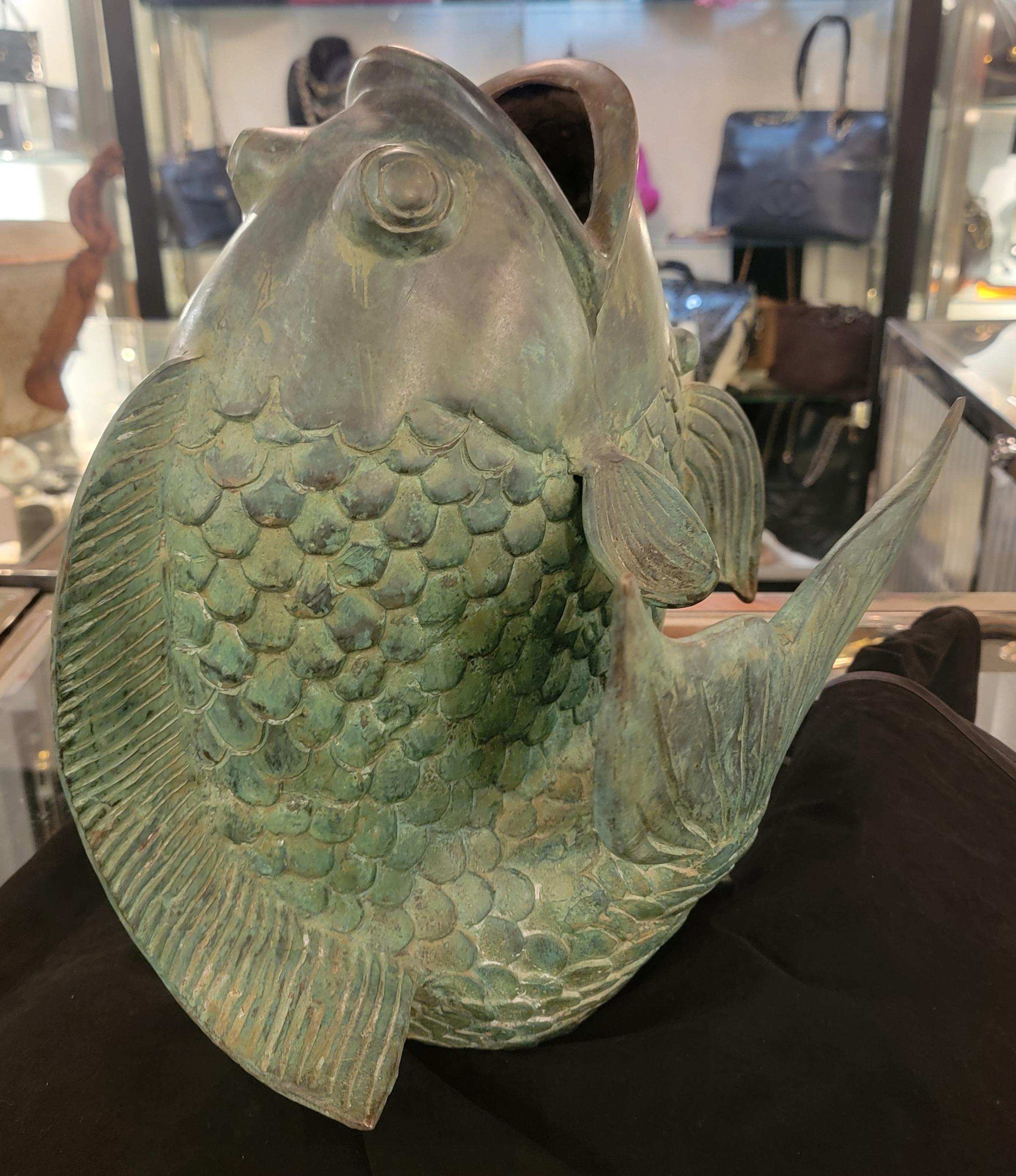Patinaed Bronze Koi  Fish Vessel Sculpture 2
