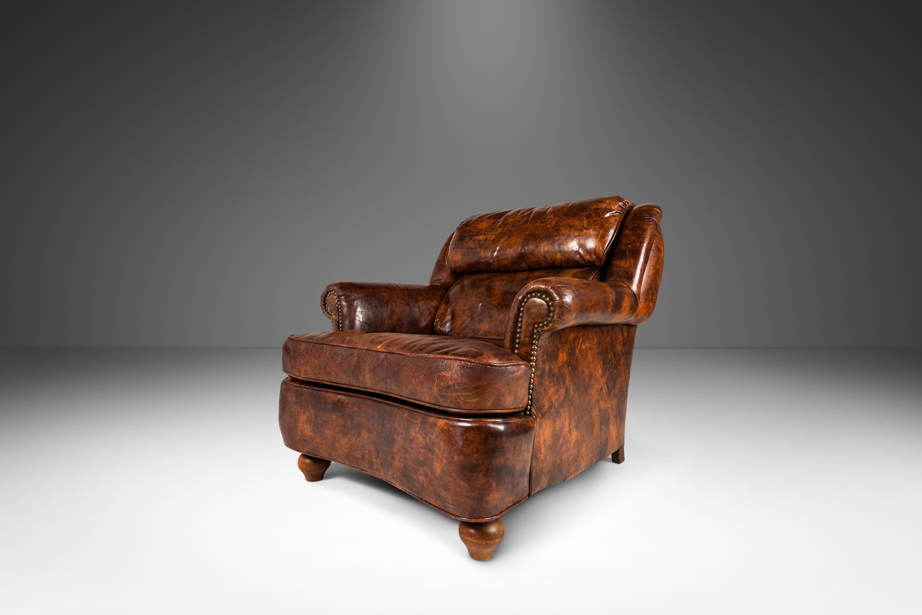 Patinaed French Club Chair Cigar Chair & Ottoman in Distressed Leather c. 1940s For Sale 1