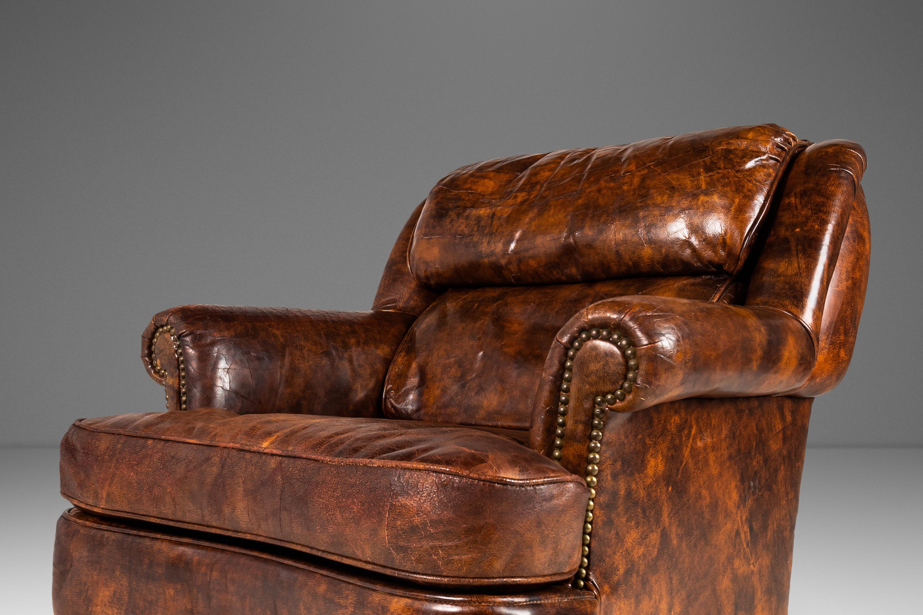 Patinaed French Club Chair Cigar Chair & Ottoman in Distressed Leather c. 1940s For Sale 2