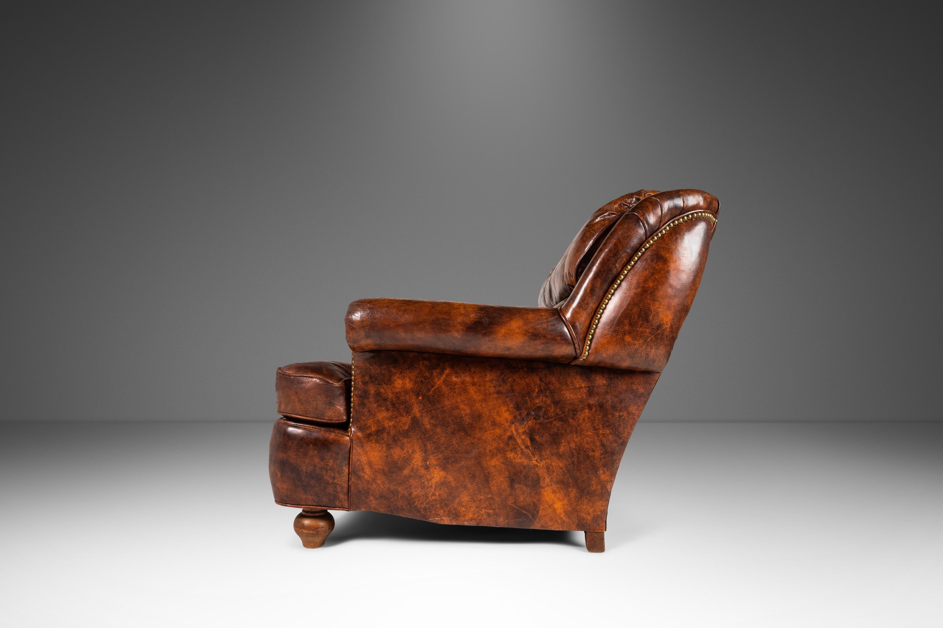 Patinaed French Club Chair Cigar Chair & Ottoman in Distressed Leather c. 1940s For Sale 3