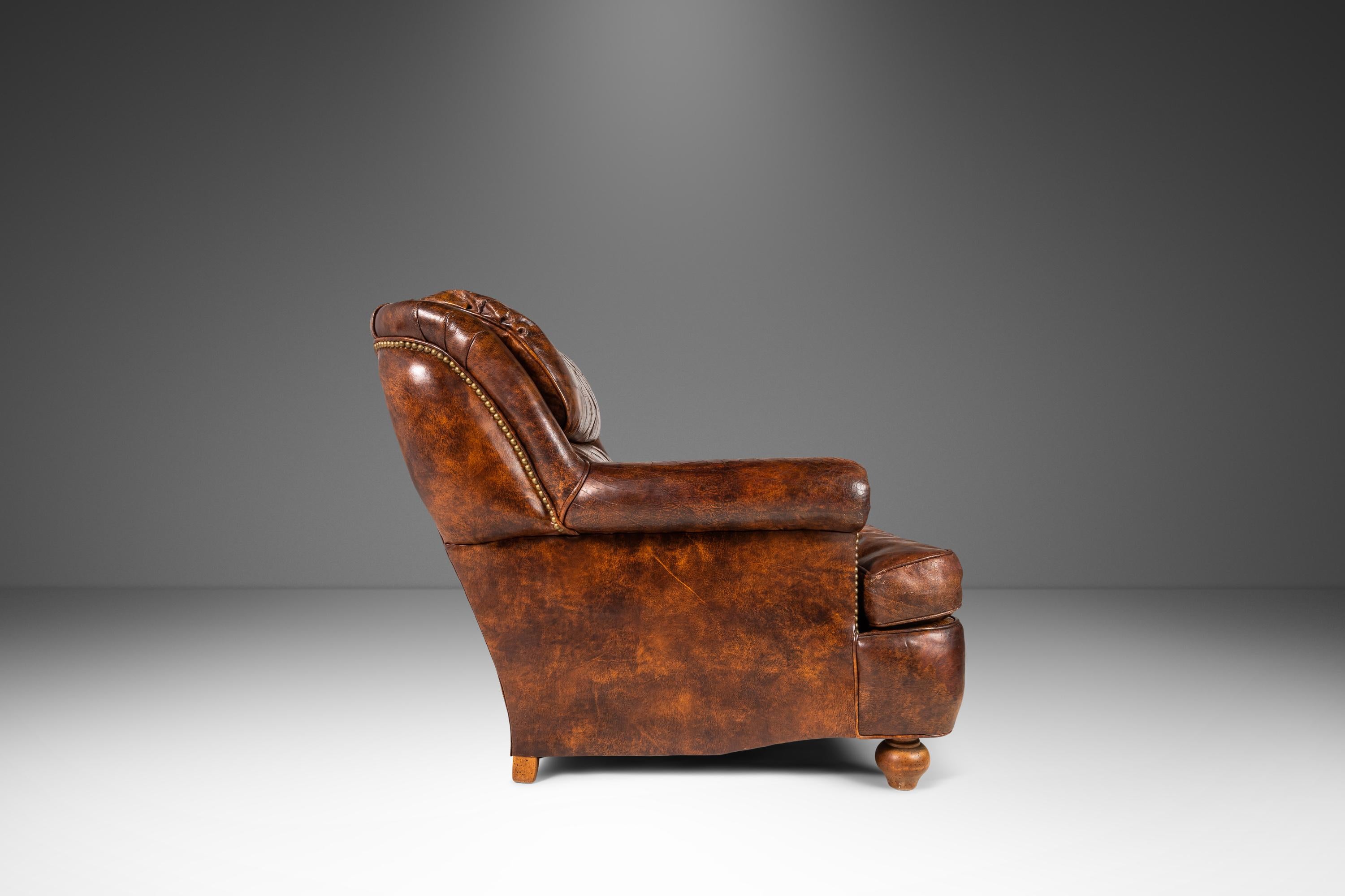 Patinaed French Club Chair Cigar Chair & Ottoman in Distressed Leather c. 1940s For Sale 8