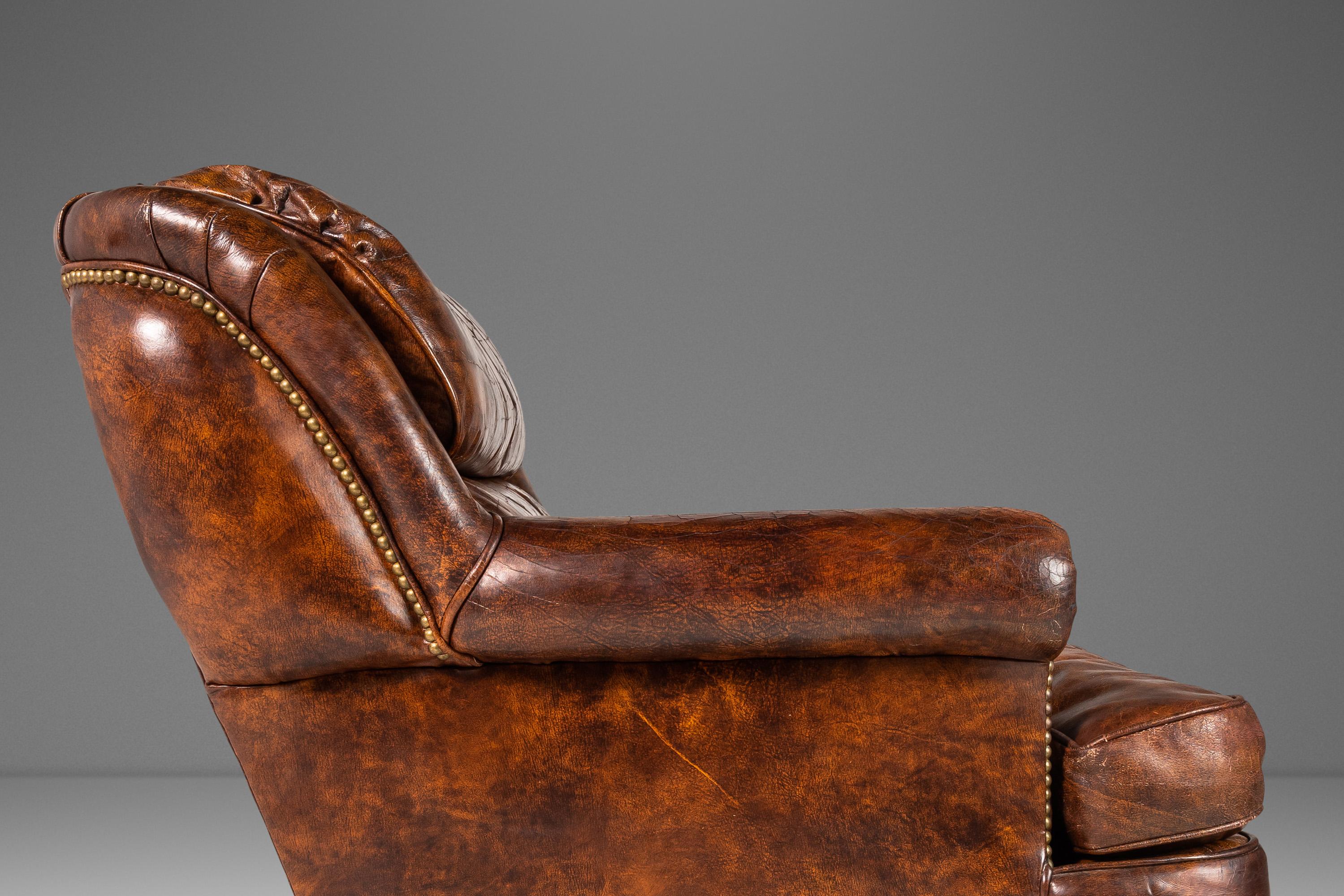 Patinaed French Club Chair Cigar Chair & Ottoman in Distressed Leather c. 1940s For Sale 11
