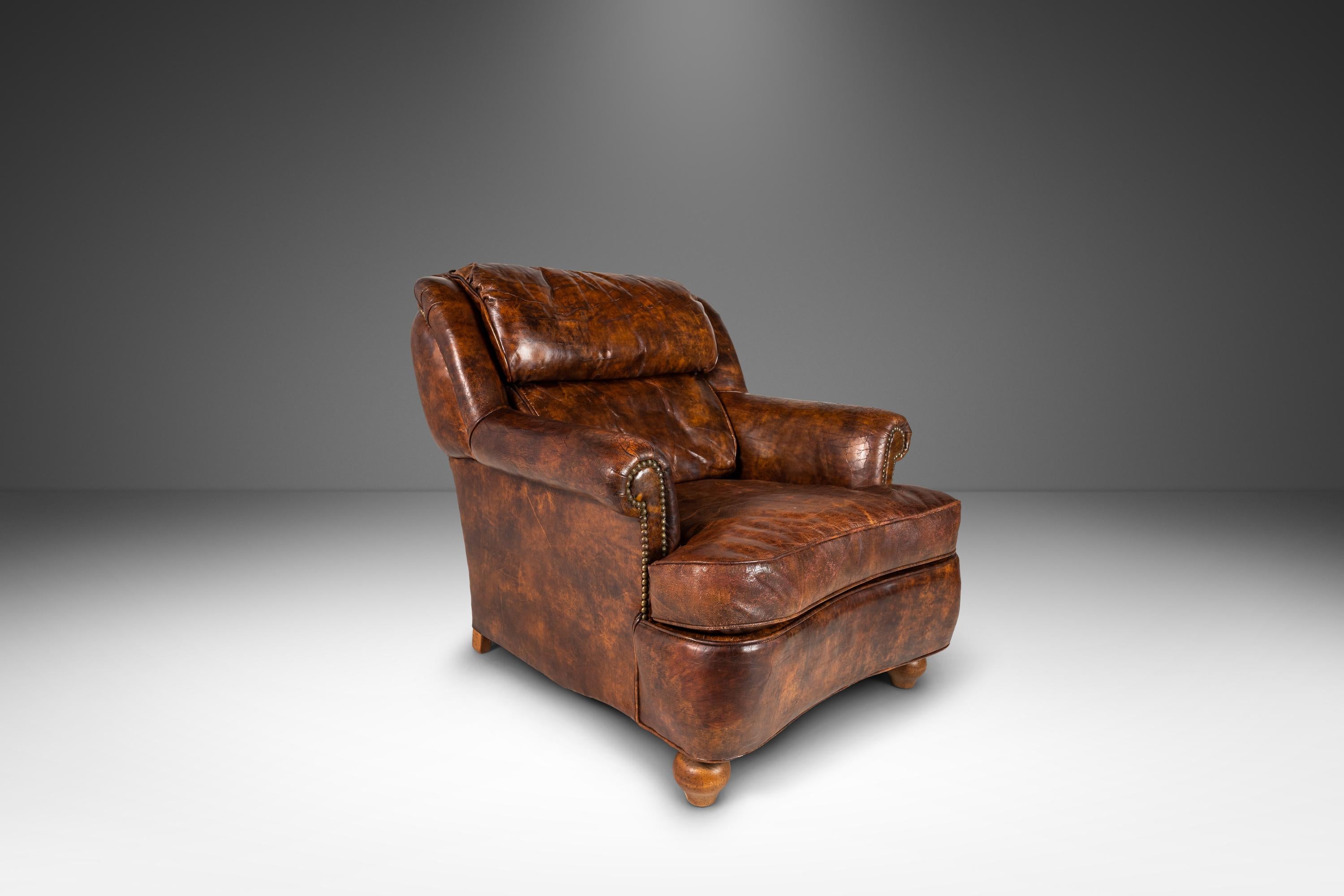 American Patinaed French Club Chair Cigar Chair & Ottoman in Distressed Leather c. 1940s For Sale