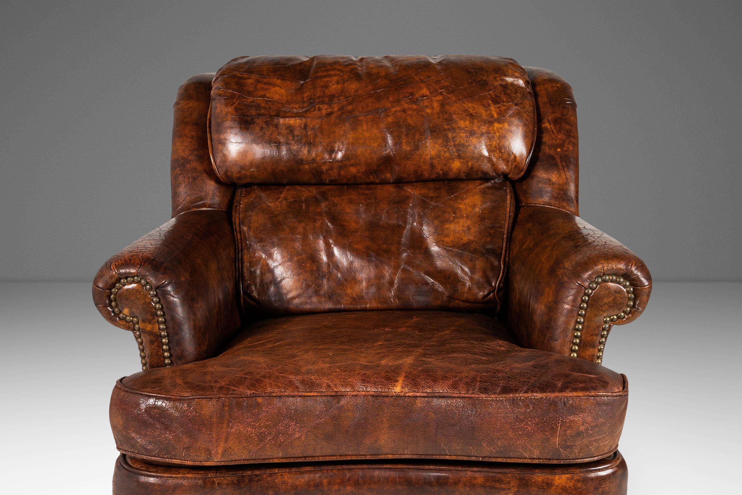 Mid-20th Century Patinaed French Club Chair Cigar Chair & Ottoman in Distressed Leather c. 1940s For Sale