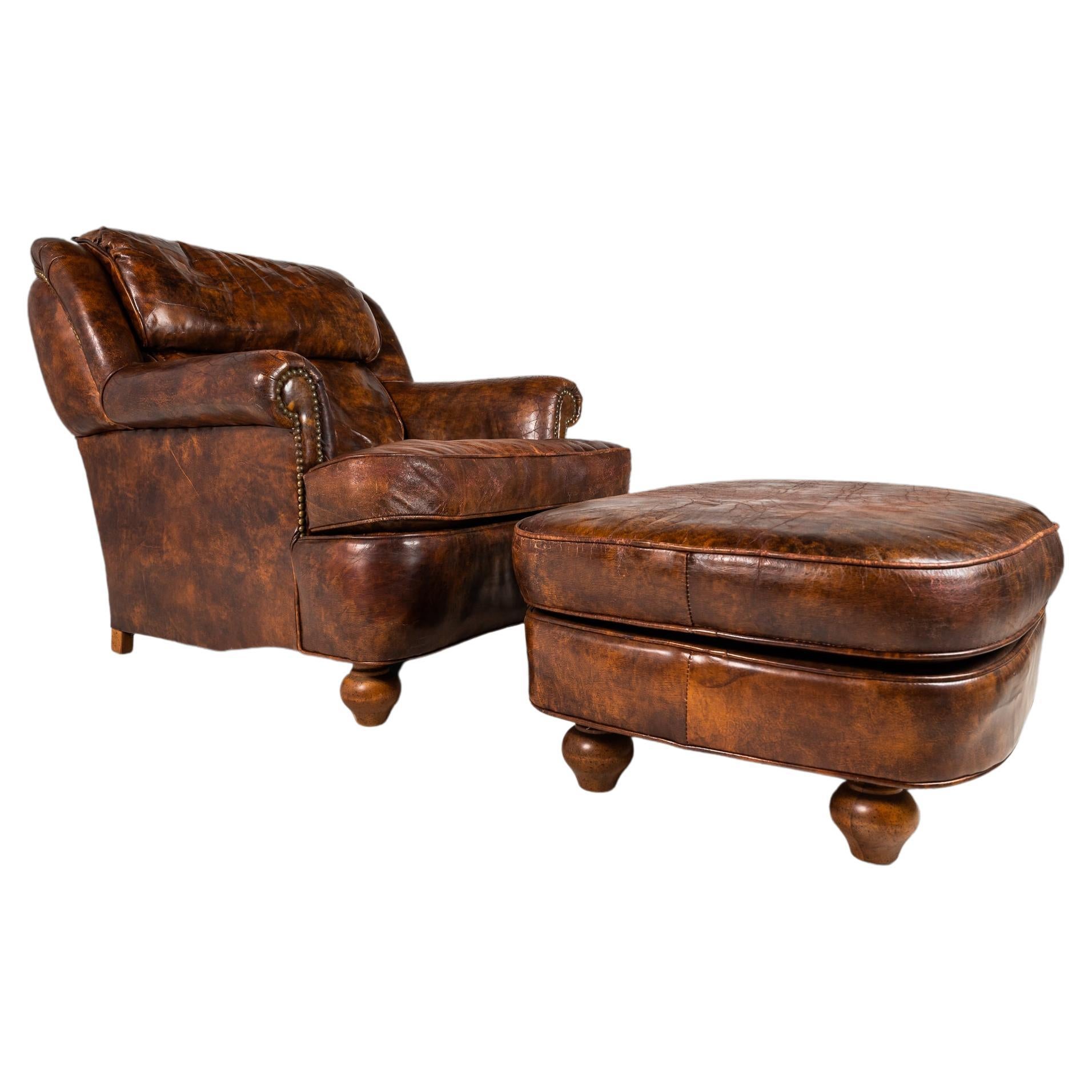 Patinaed French Club Chair Cigar Chair & Ottoman in Distressed Leather c. 1940s For Sale