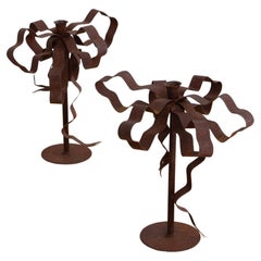 Vintage Patinaed Ribbon Bow Candlesticks, a Pair