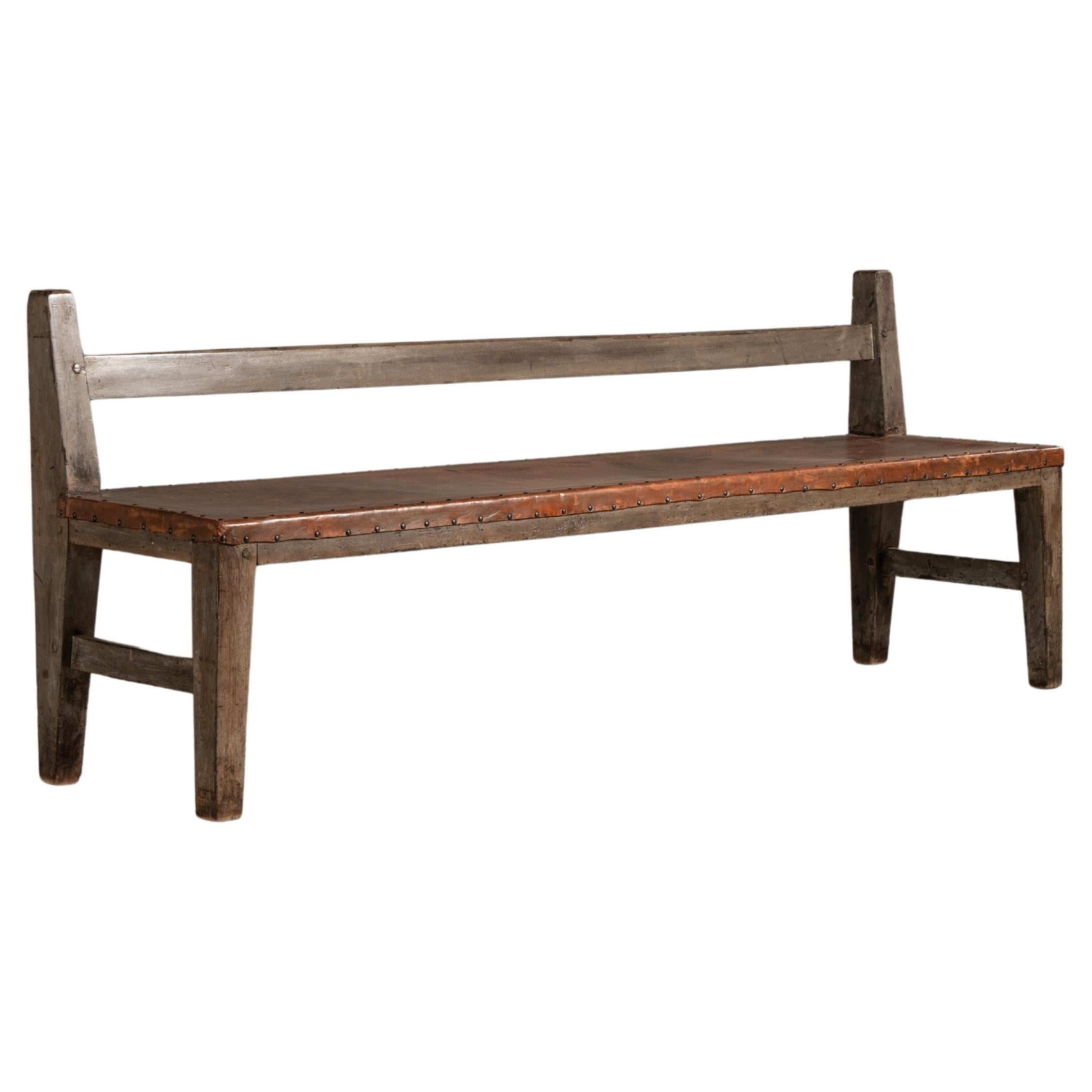 Patinated 19th Century Bench in Solid Wood and Leather, Brazilian Design
