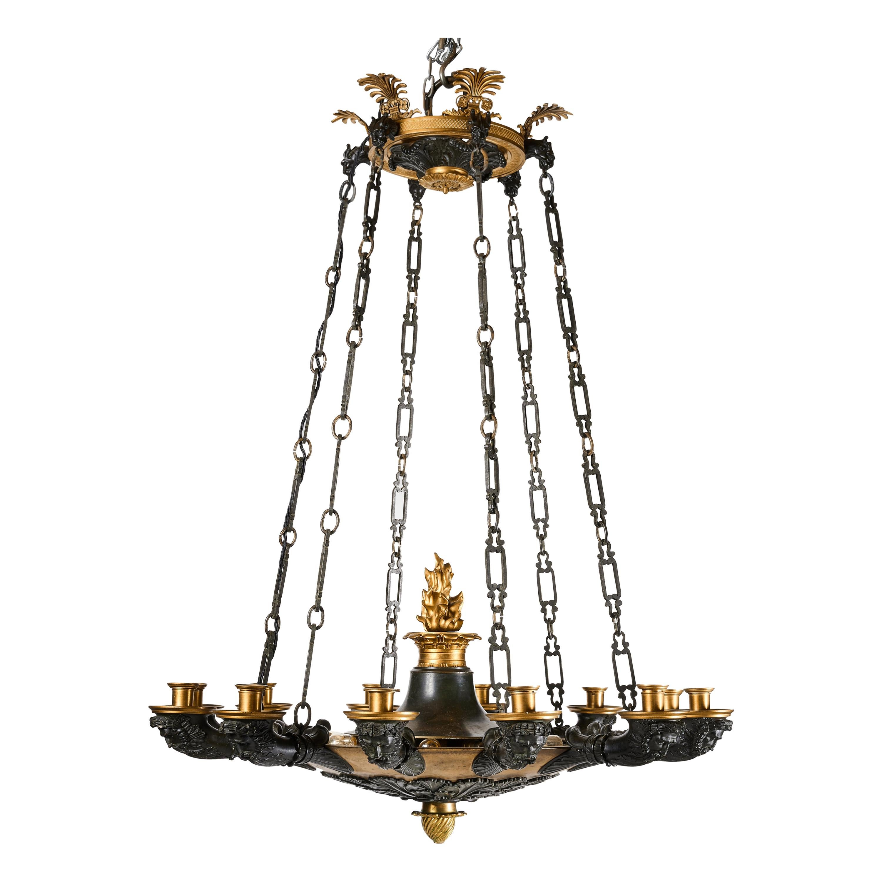 Patinated and Gilt Bronze French Empire 12-Branch Chandelier