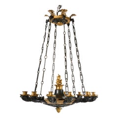 Antique Patinated and Gilt Bronze French Empire 12-Branch Chandelier