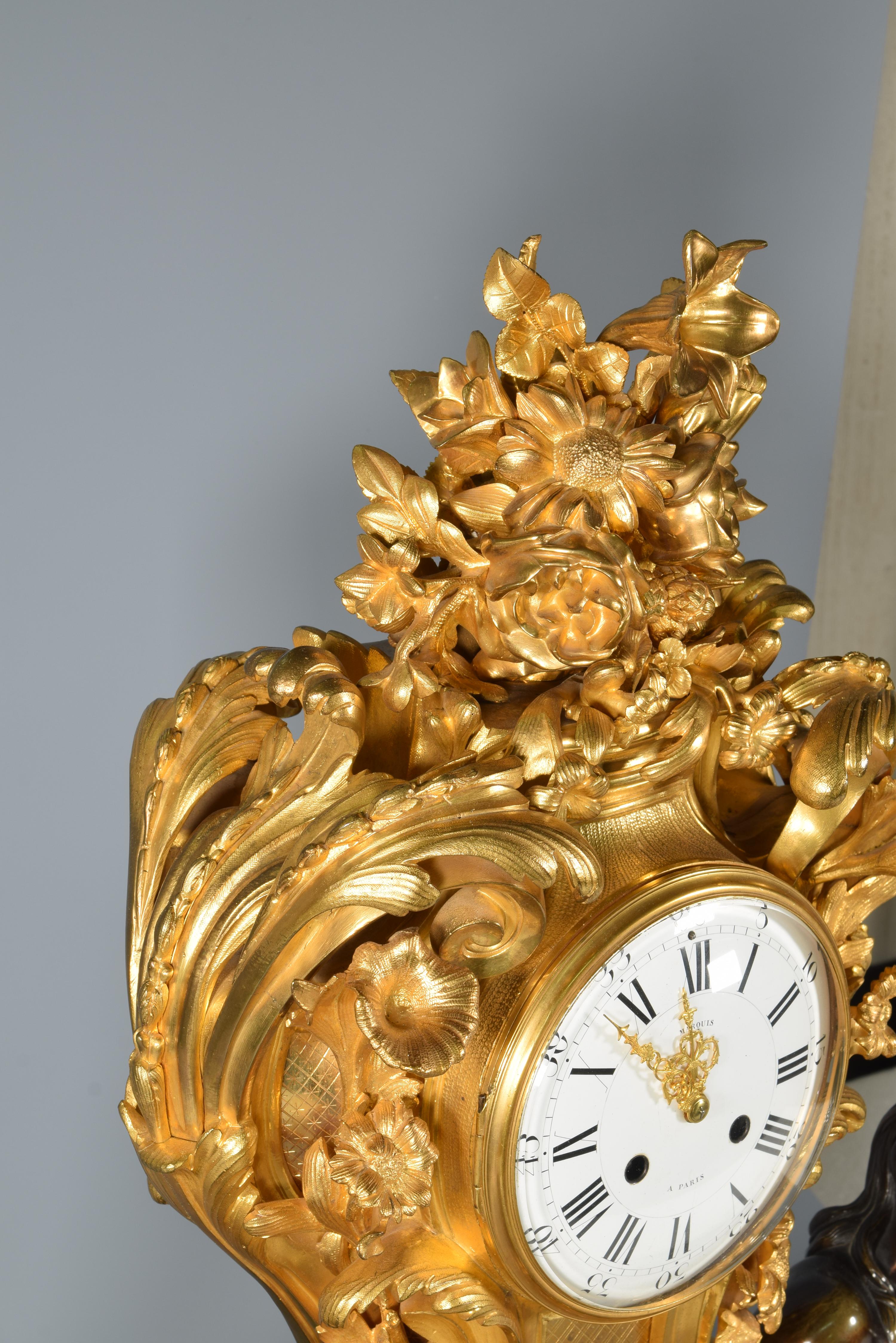 Patinated and Gilt Bronze Mantle Clock, Marquis, Paris, France, 19th Century 7