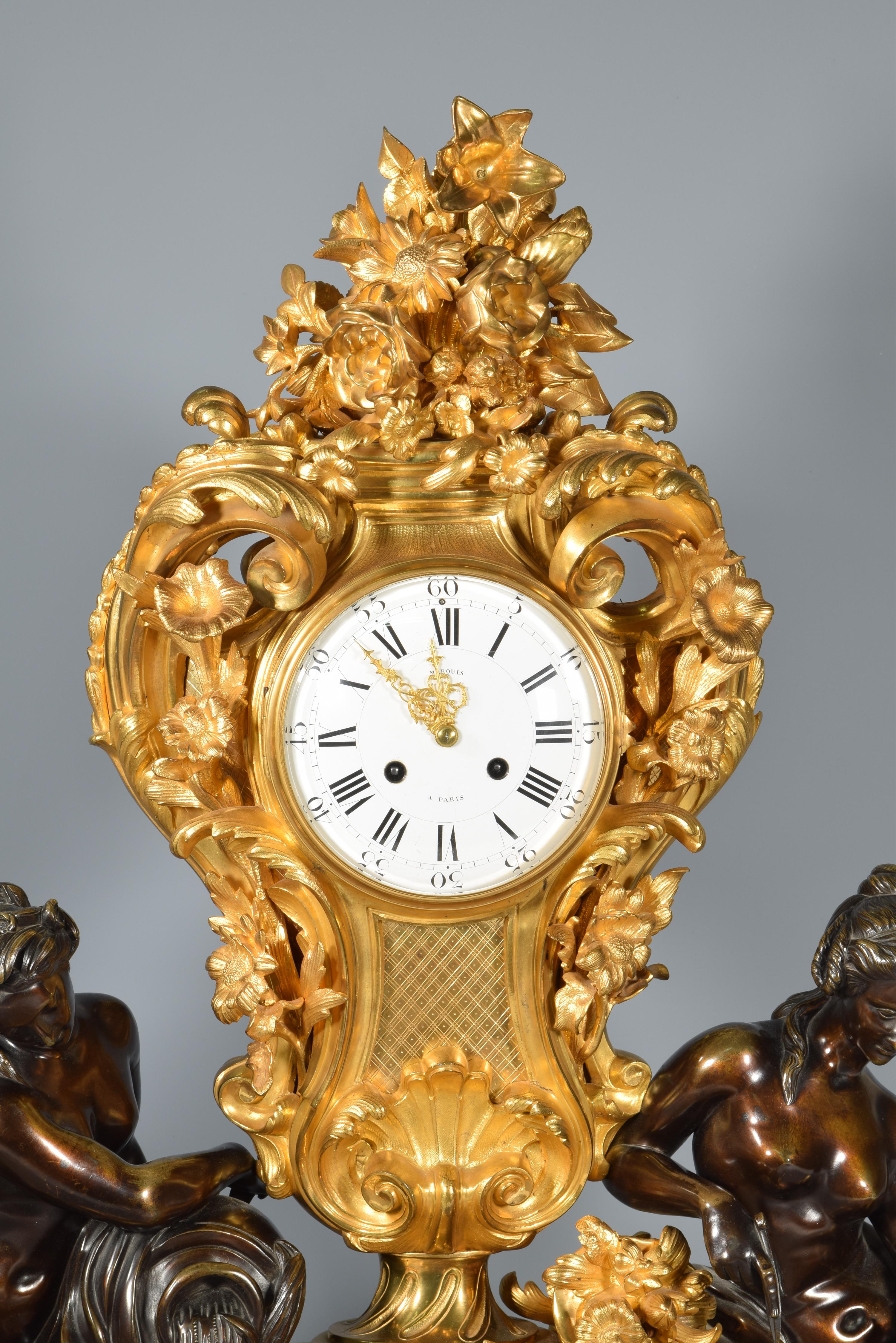 Neoclassical Patinated and Gilt Bronze Mantle Clock, Marquis, Paris, France, 19th Century