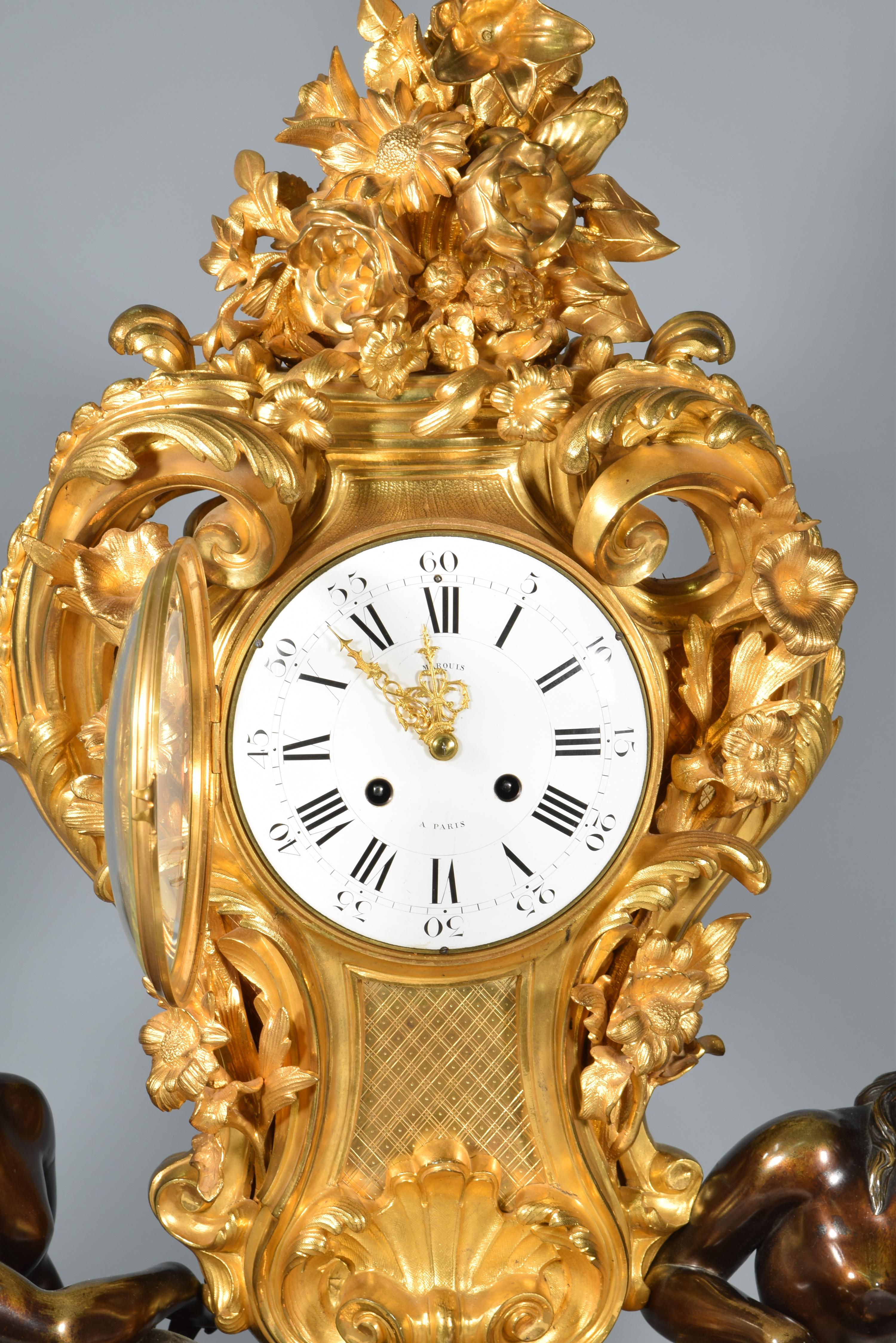 French Patinated and Gilt Bronze Mantle Clock, Marquis, Paris, France, 19th Century