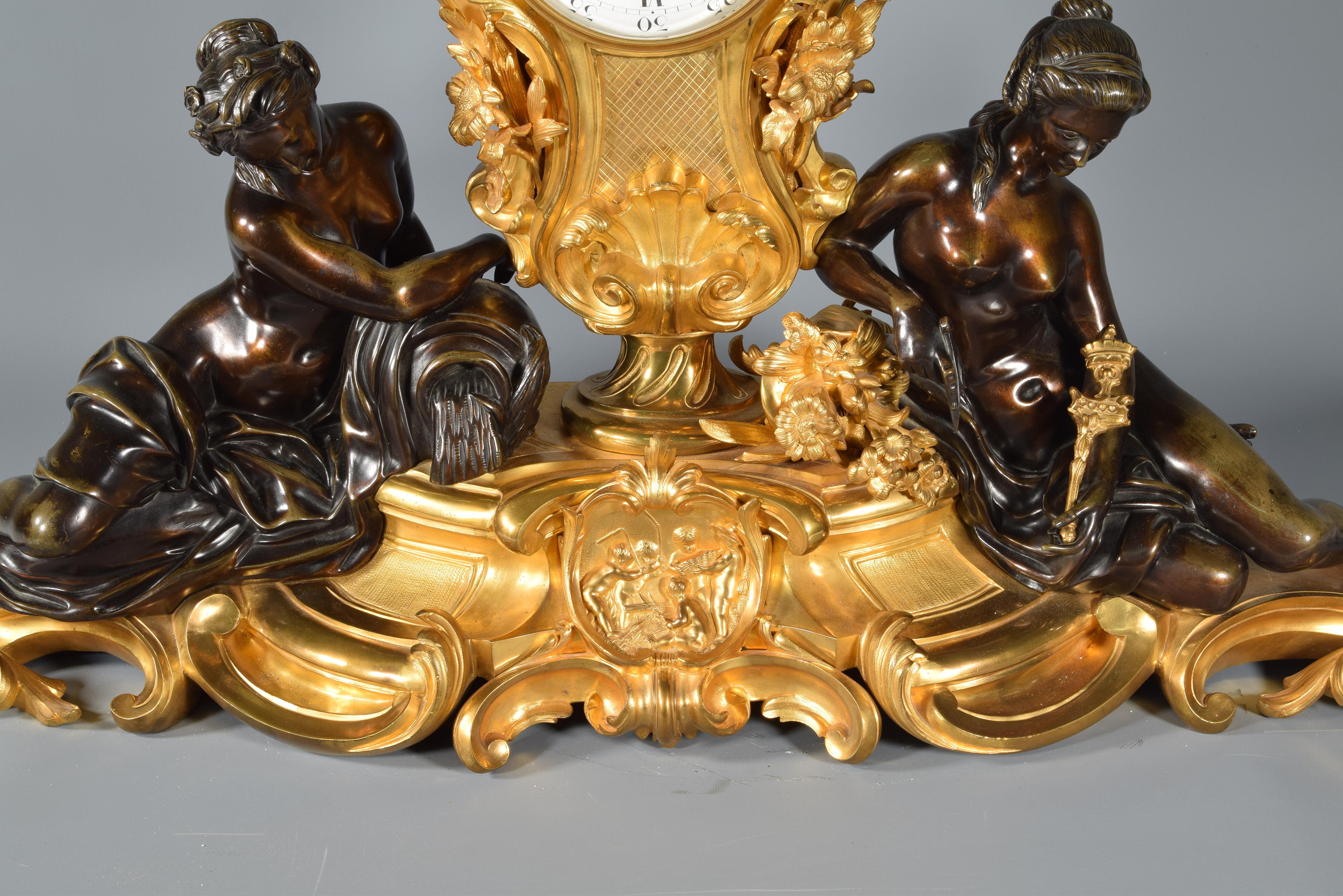 Patinated and Gilt Bronze Mantle Clock, Marquis, Paris, France, 19th Century 1