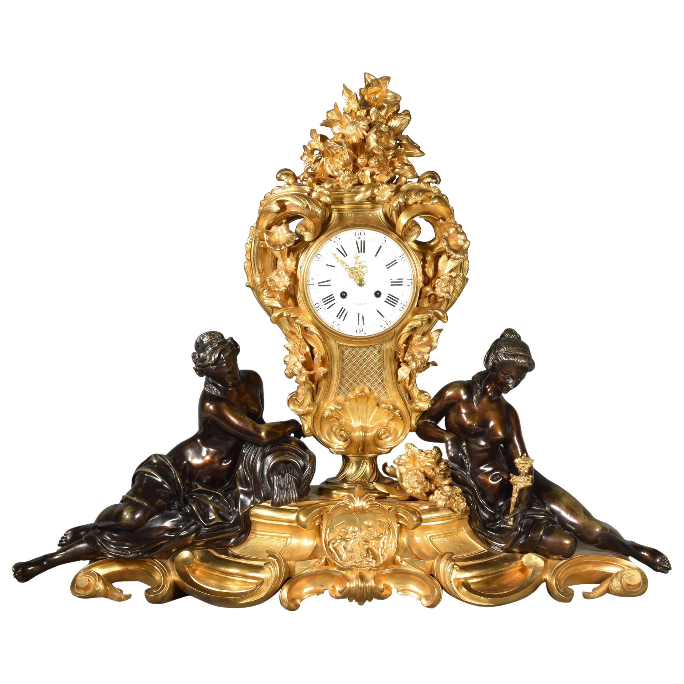 Patinated and Gilt Bronze Mantle Clock, Marquis, Paris, France, 19th Century