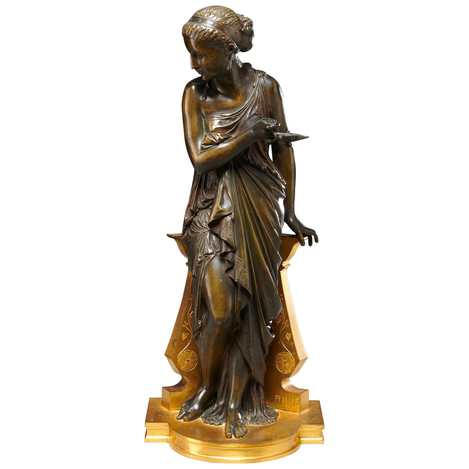 Sculpture d'une Vierge givrée en bronze patiné et doré d'Auguste Peiffer