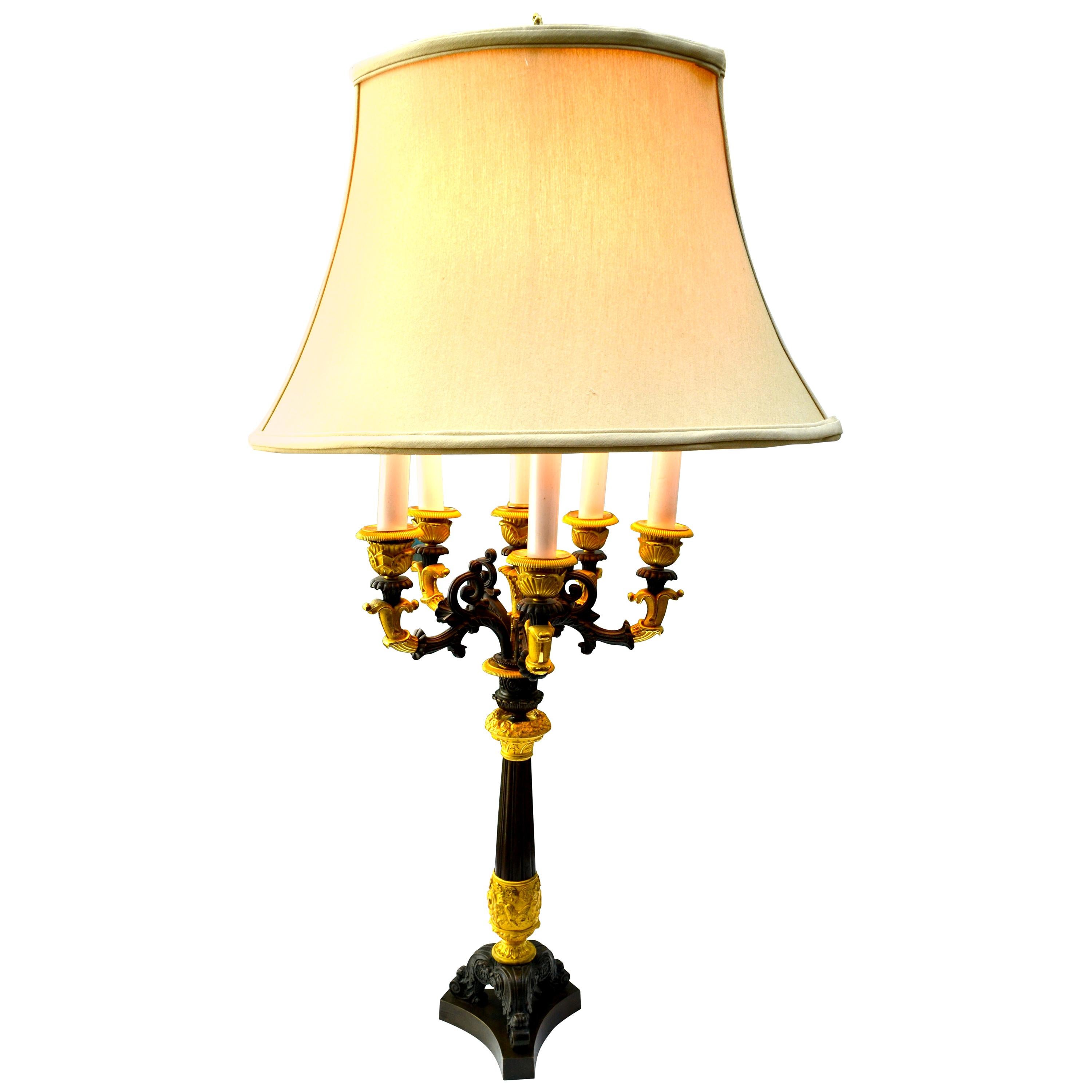 Patinated and Gilt Bronze Six Candle French Empire Candelabra Lamp For Sale