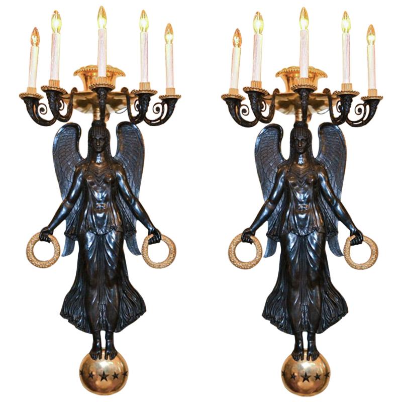 Patinated and Gilt Bronze Victory Sconces For Sale