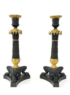 Patinated and Ormolu Bronze Gothic Style Candlesticks, France, circa 1825