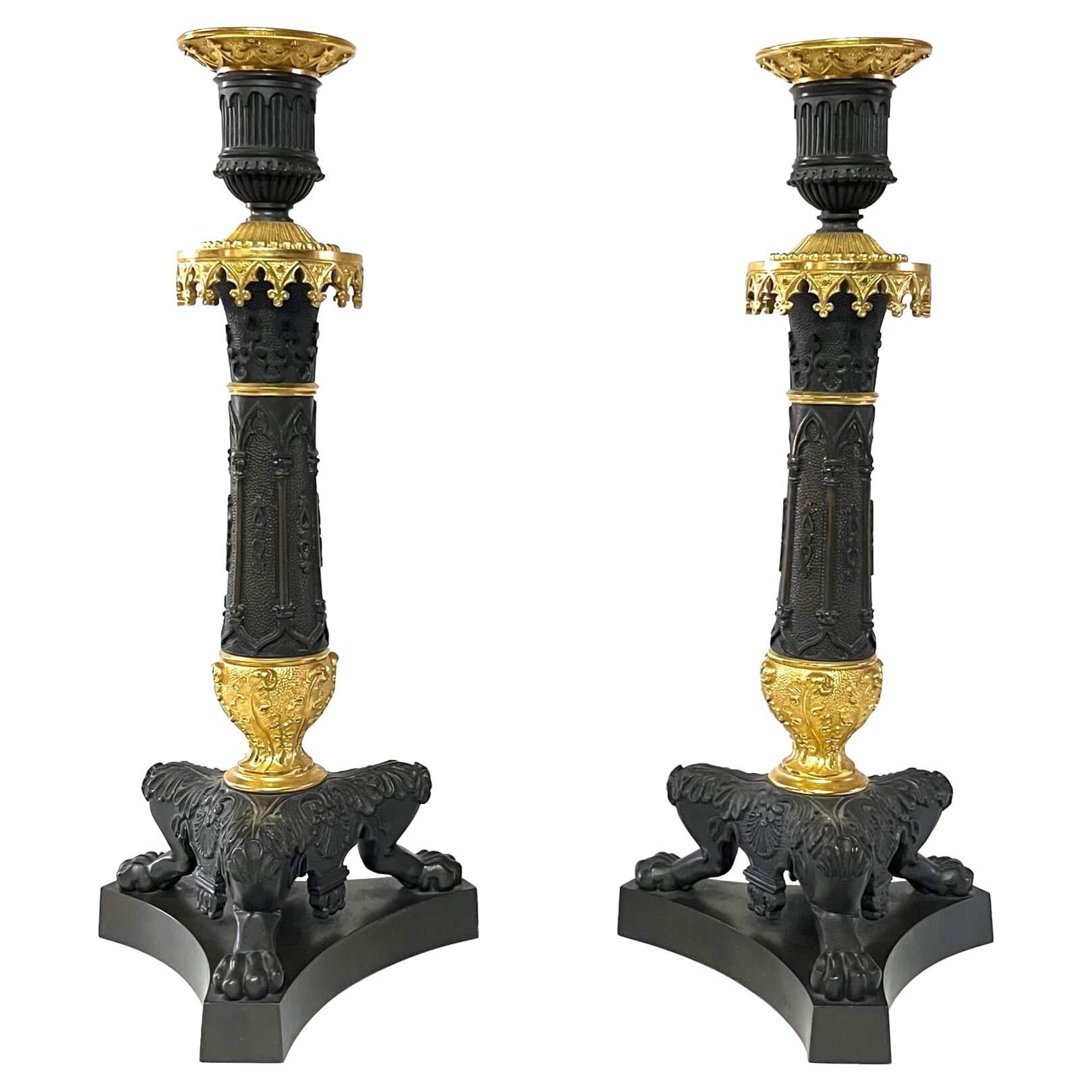 Patinated and Ormolu Bronze Gothic Style Candlesticks, France, circa 1825