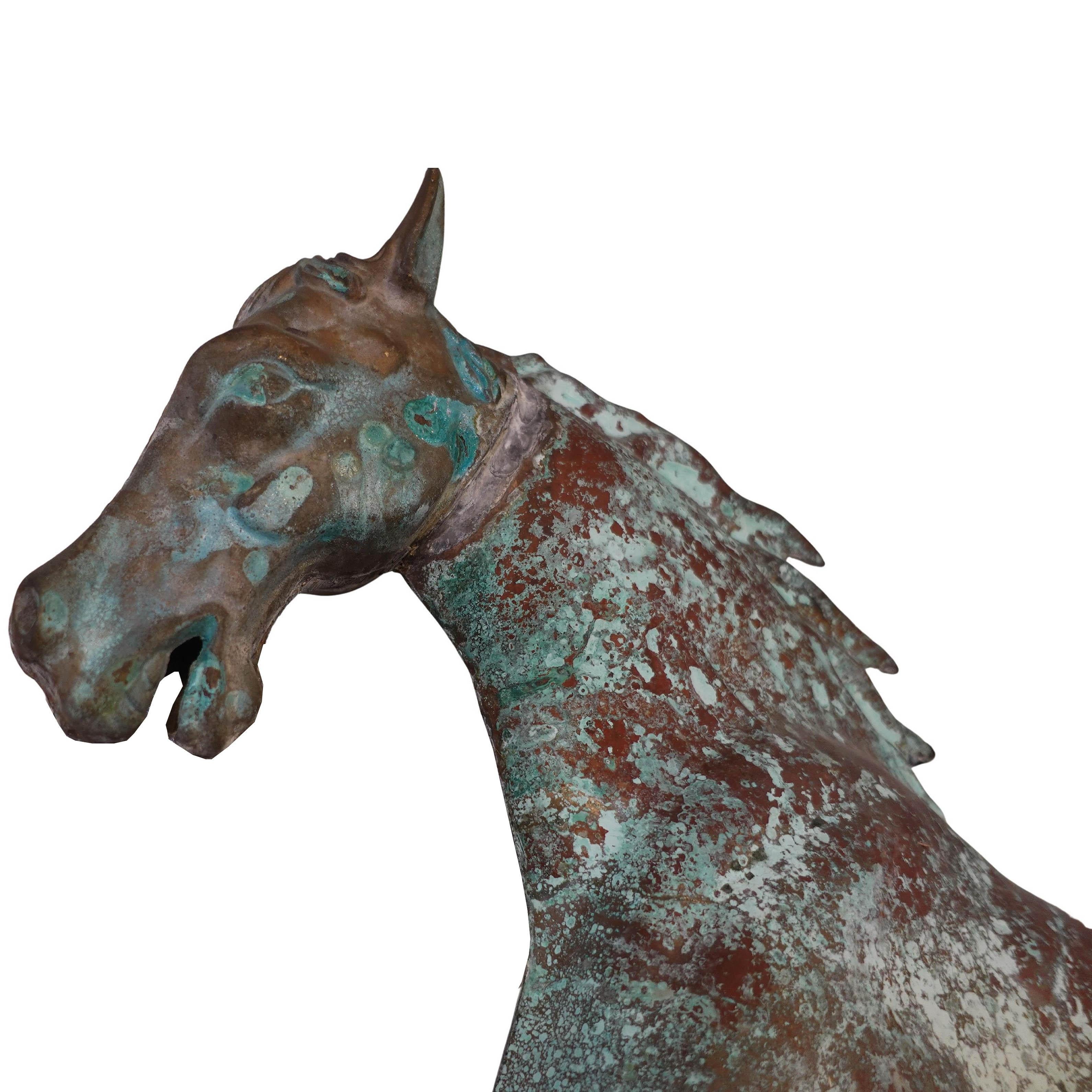 Beautifully Patinated and Oxidized Full Bodied Equestrian Dexter Antique Copper and Zinc Weather Vane

Probably Cushing & White
ca. 1867-72; Waltham, MA, USA
Copper, zinc

Approximate size: 20 (h) x 35 (w) x 1 (d) in.

This full bodied and