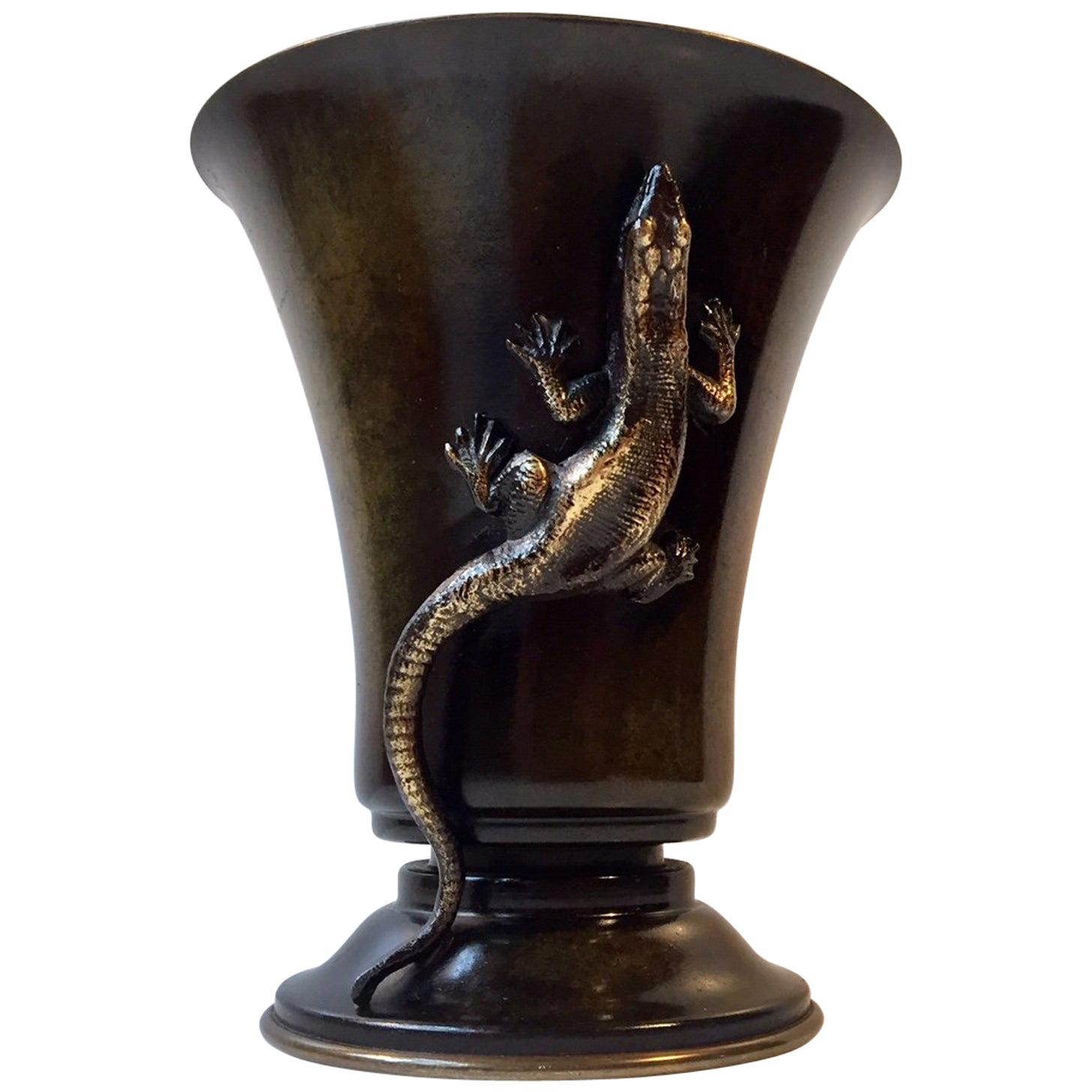 Patinated Art Deco Bronze Vase with Lizard by Holger Fredericia, Denmark, 1930s