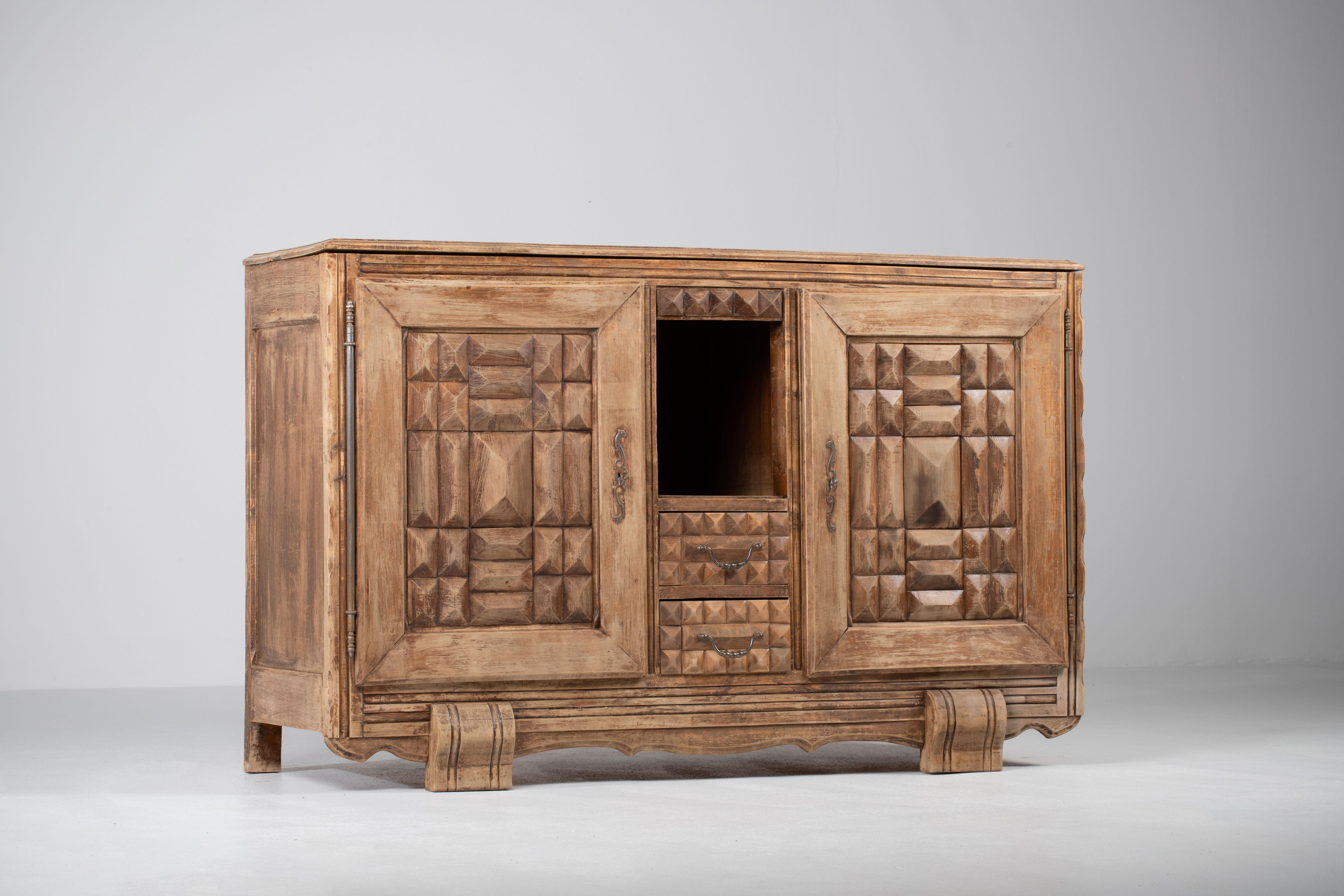 Mid-Century Modern Patinated Art Deco Solid Oak Sideboard, France, 1940s For Sale