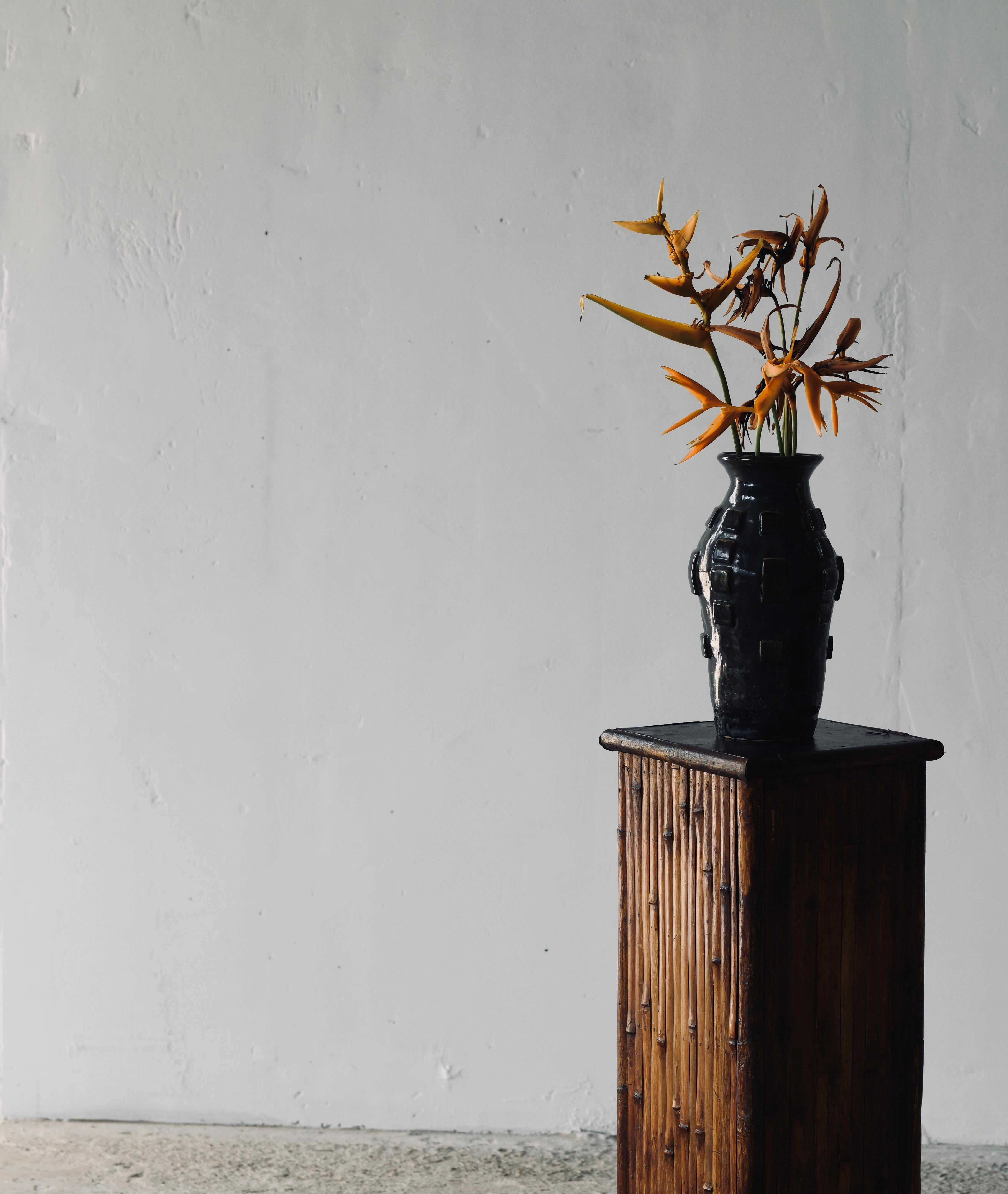 Blackened Patinated Bamboo & Rattan Lamp or Plant Stands For Sale