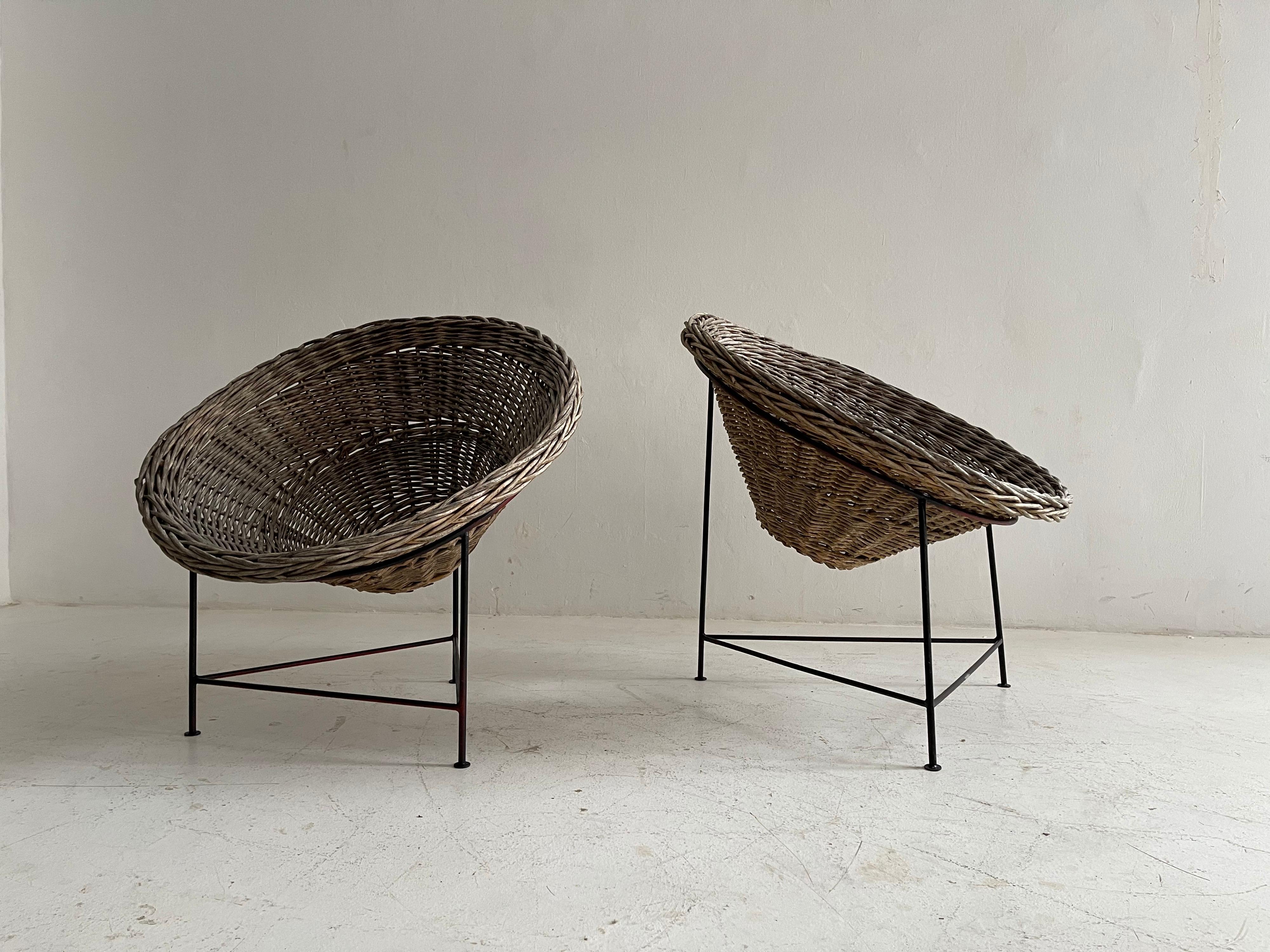 Patinated basket patio lounge chairs a pair, Austria, 1950s.