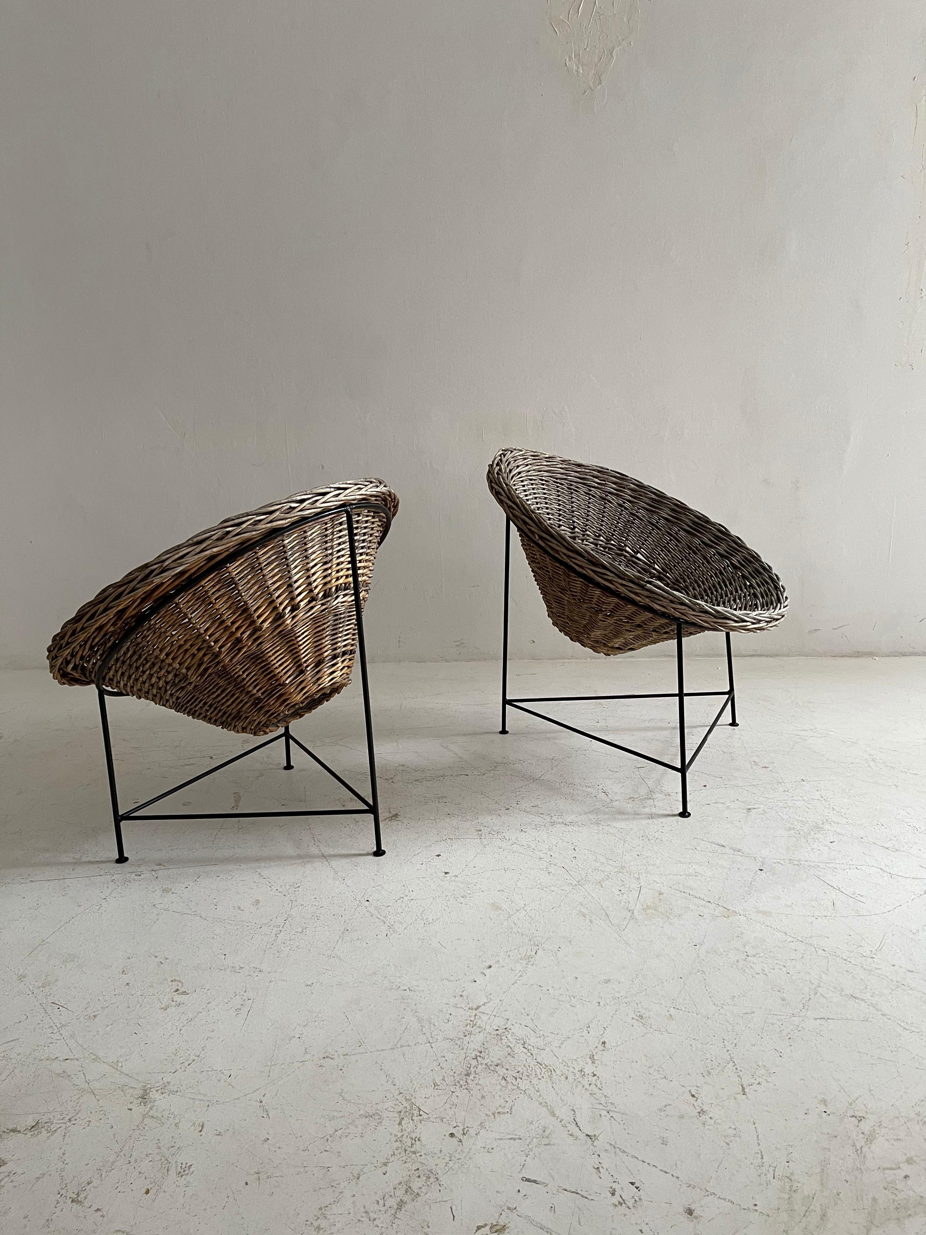 Mid-Century Modern Patinated Basket Patio Lounge Chairs a Pair, Austria, 1950s For Sale