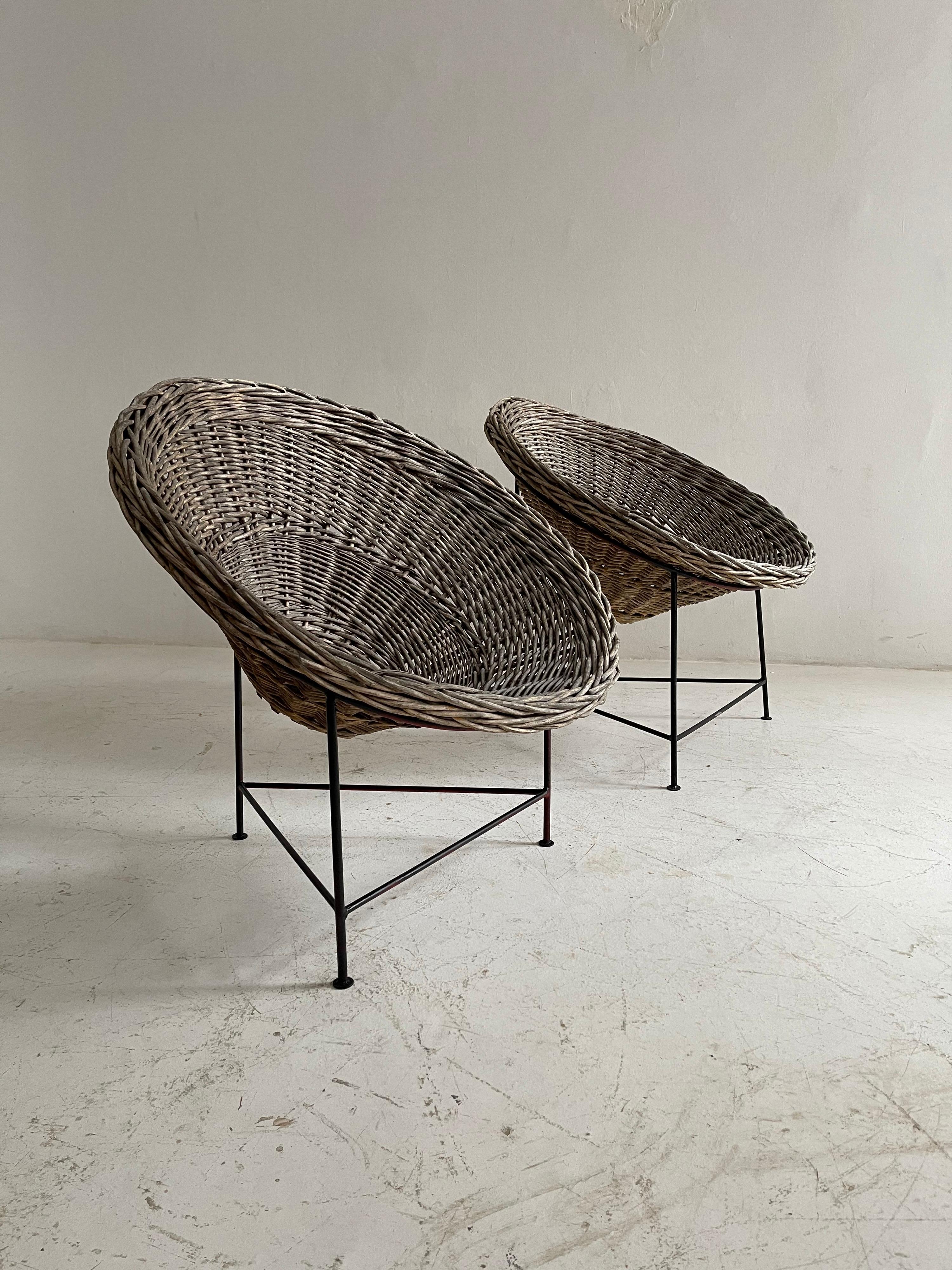 Patinated Basket Patio Lounge Chairs a Pair, Austria, 1950s In Fair Condition For Sale In Vienna, AT