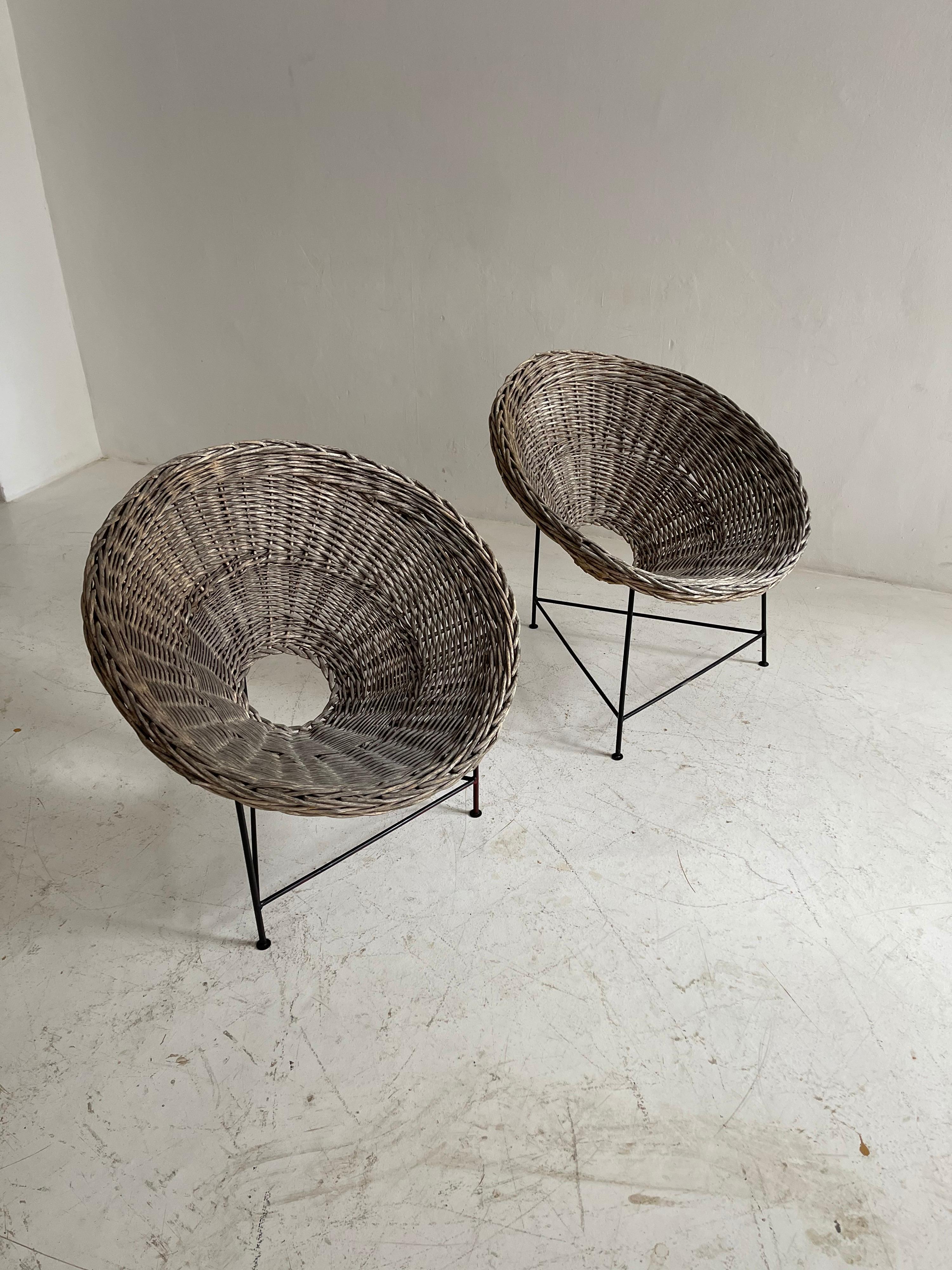 Mid-20th Century Patinated Basket Patio Lounge Chairs a Pair, Austria, 1950s For Sale