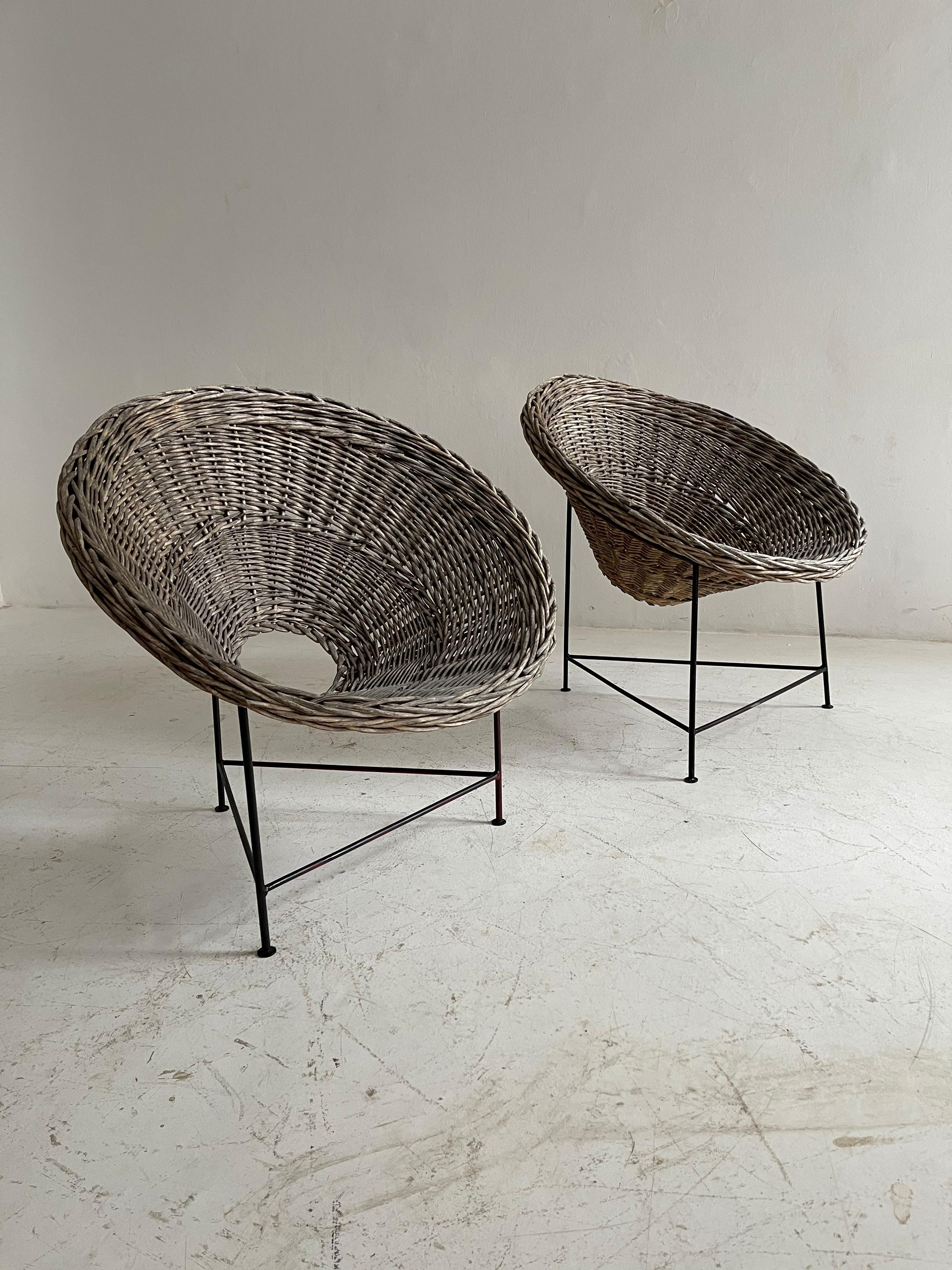 Metal Patinated Basket Patio Lounge Chairs a Pair, Austria, 1950s For Sale