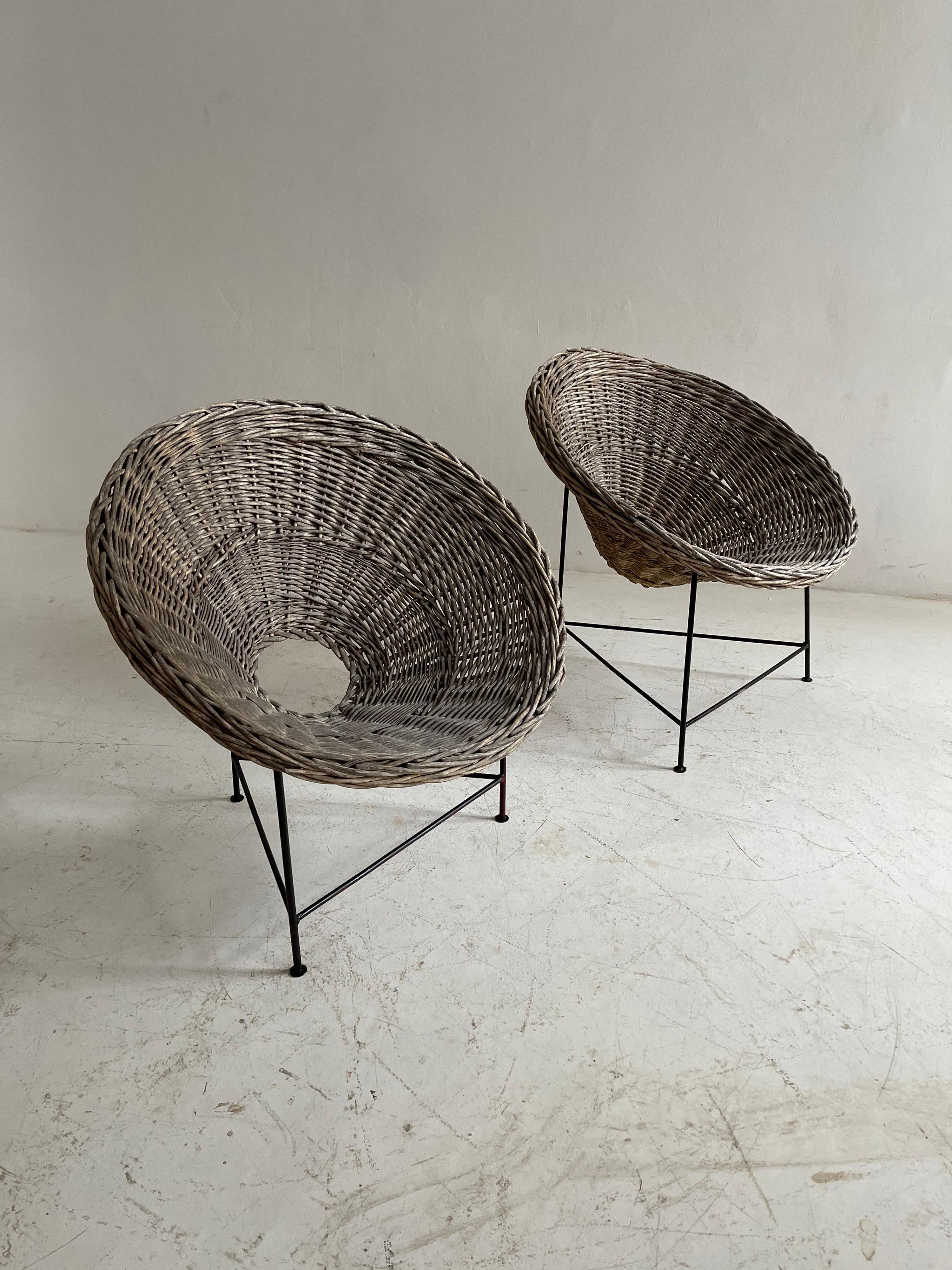 Patinated Basket Patio Lounge Chairs a Pair, Austria, 1950s For Sale 2