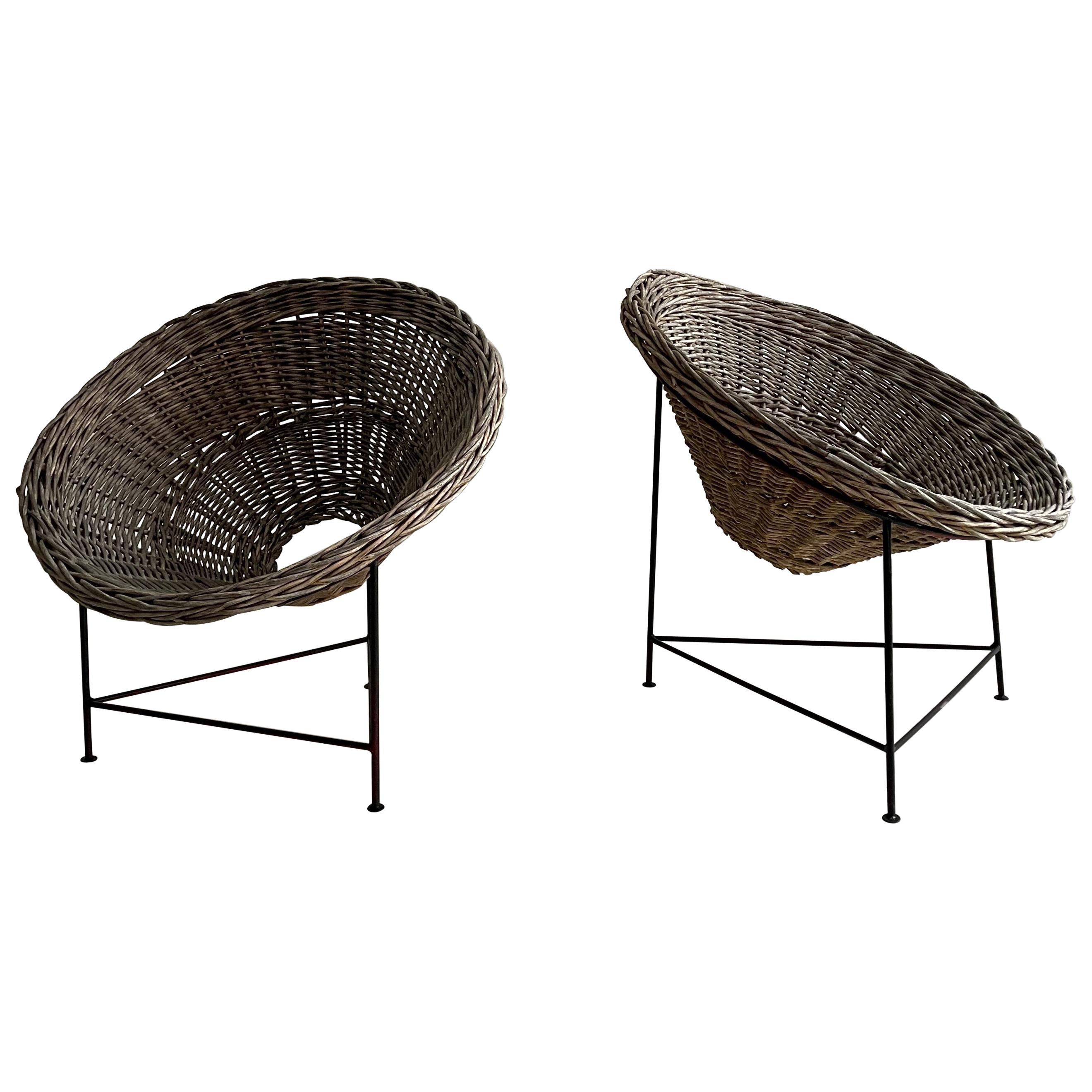 Patinated Basket Patio Lounge Chairs a Pair, Austria, 1950s For Sale