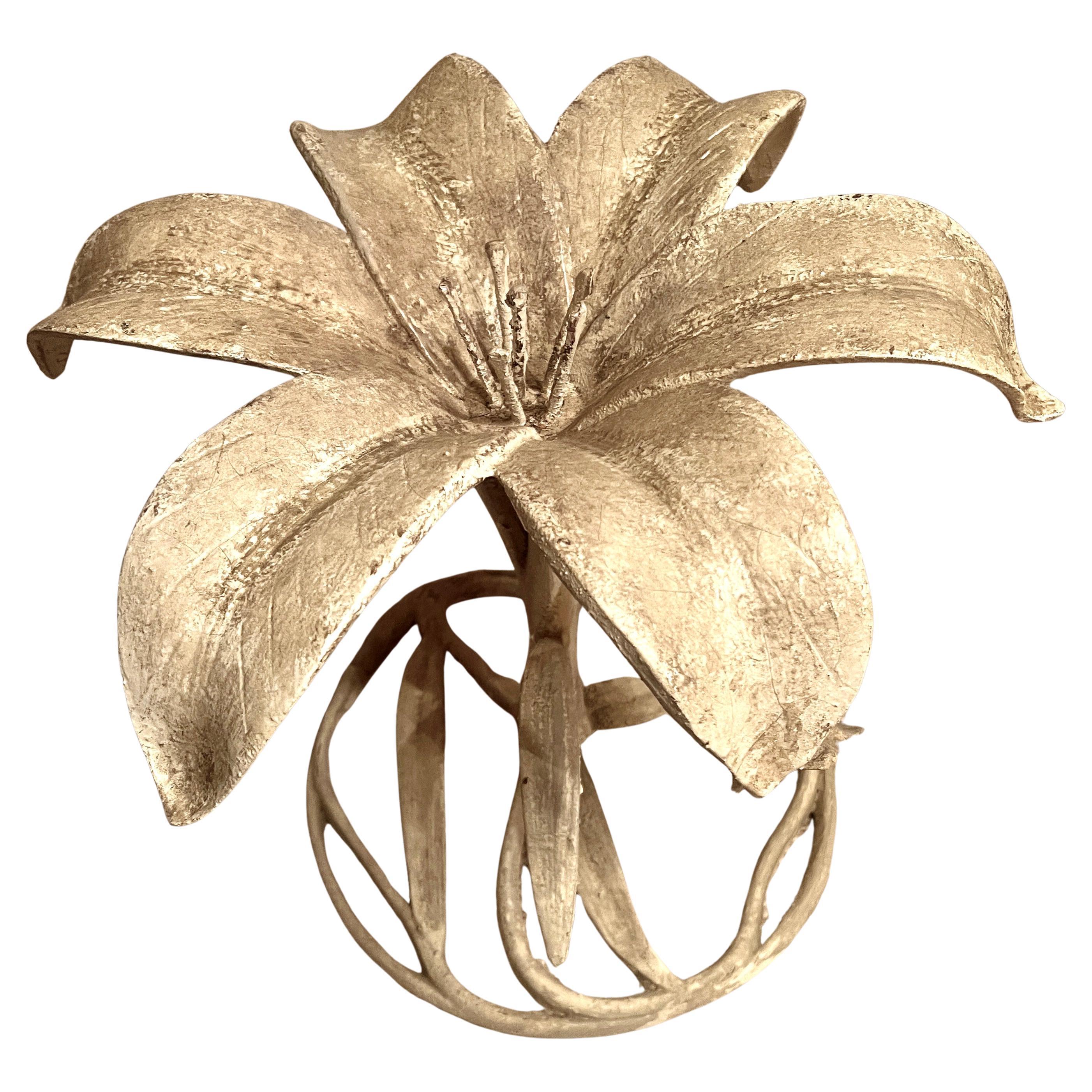 Patinated Beige Lily Base Side Table with 24" glass top For Sale