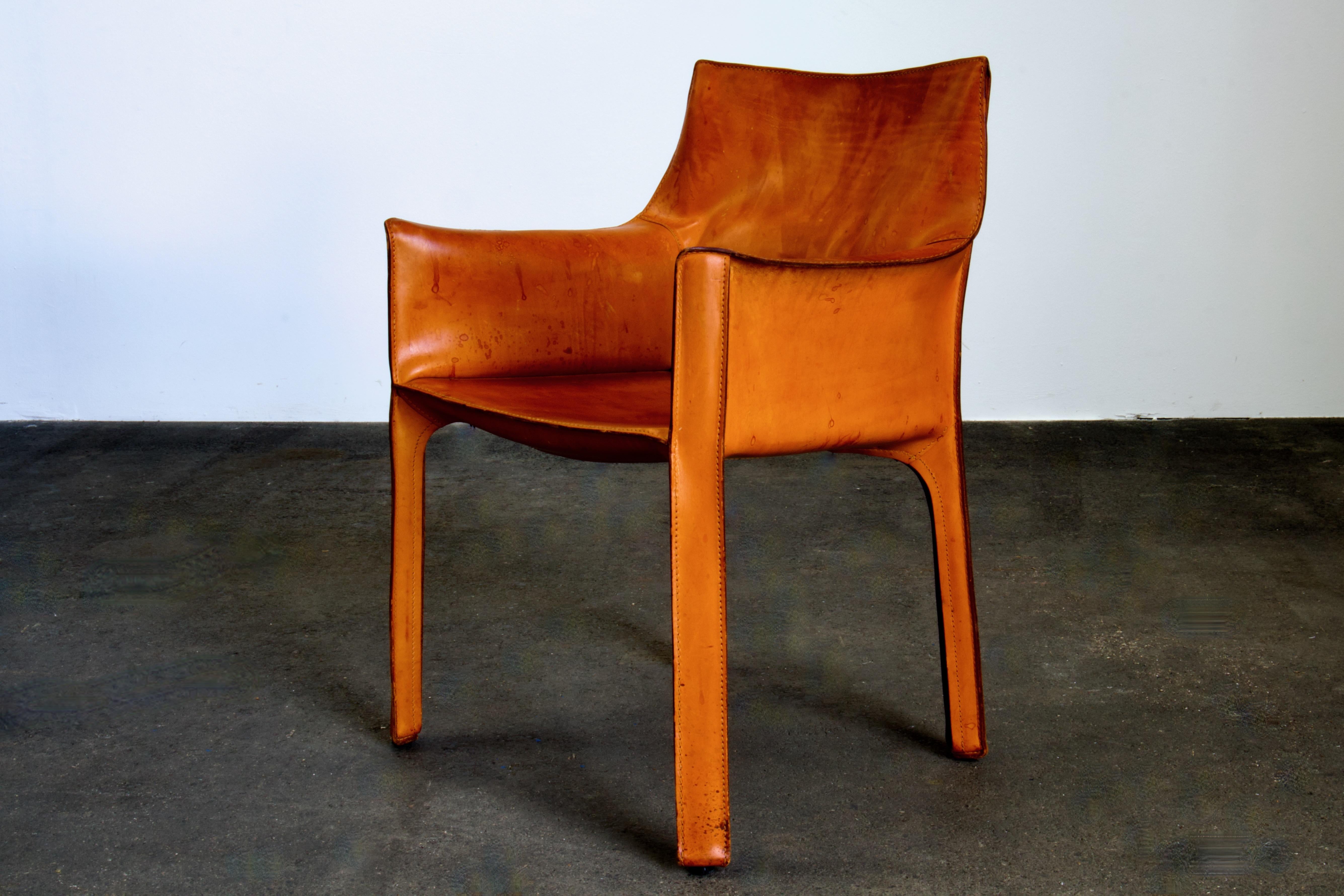 Italian Patinated Bellini CAB 413 Armchair in Vintage Cognac Saddle Leather for Cassina
