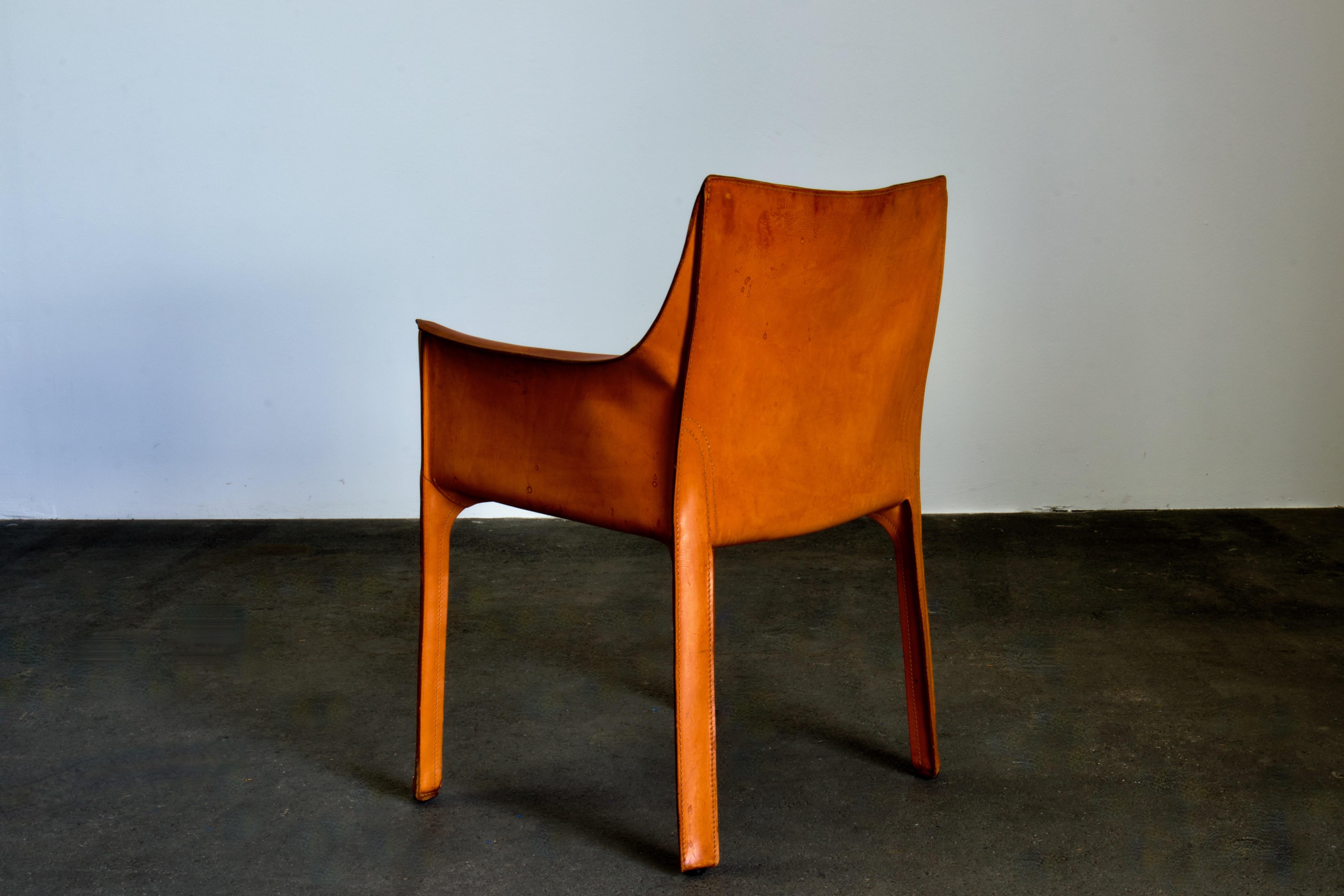 20th Century Patinated Bellini CAB 413 Armchair in Vintage Cognac Saddle Leather for Cassina