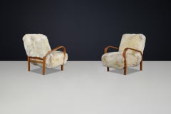Patinated Bentwood Lounge Chairs by Kozelka & Kropacek in Texel Sheepskin