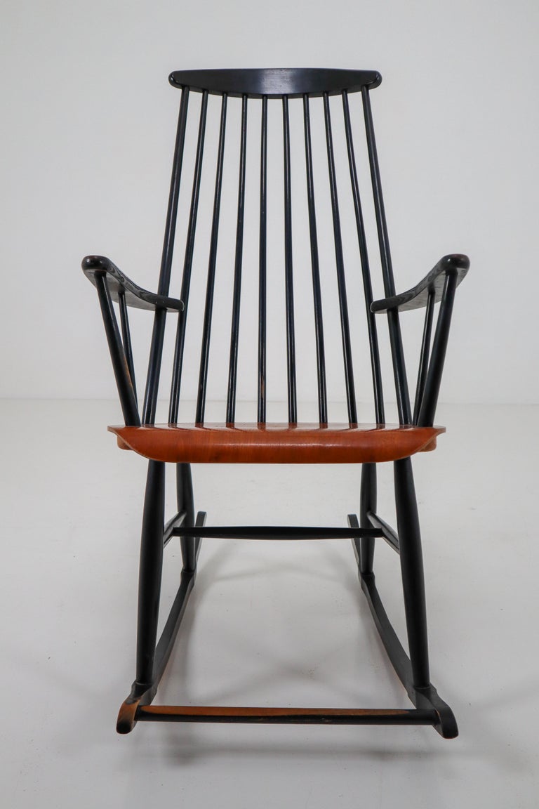 Patinated Black Wooden Rocking Chair by Ilmari Tapiovaara for Asko