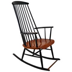 Patinated Black Wooden Rocking Chair by Ilmari Tapiovaara for Asko, 1950s