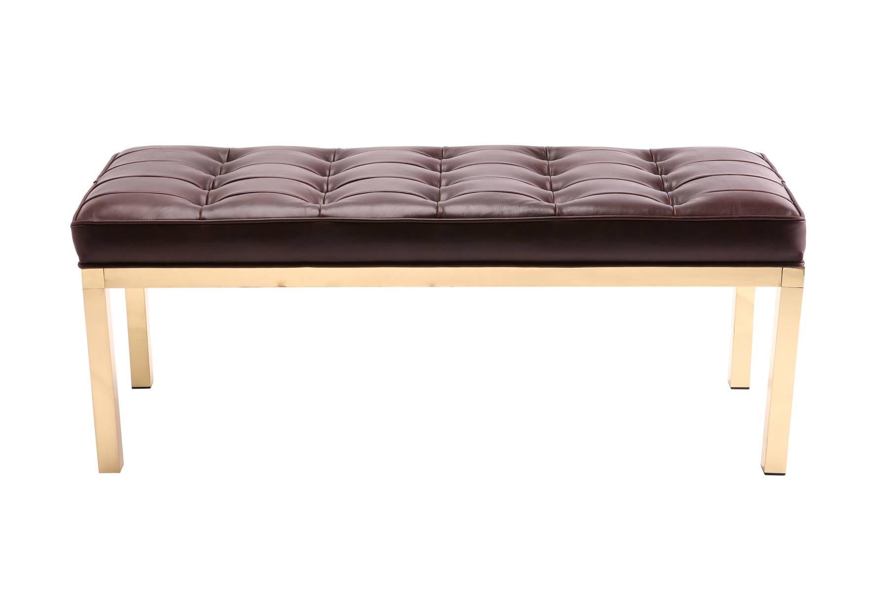 Mid-Century Modern Patinated Brass and Leather Bench