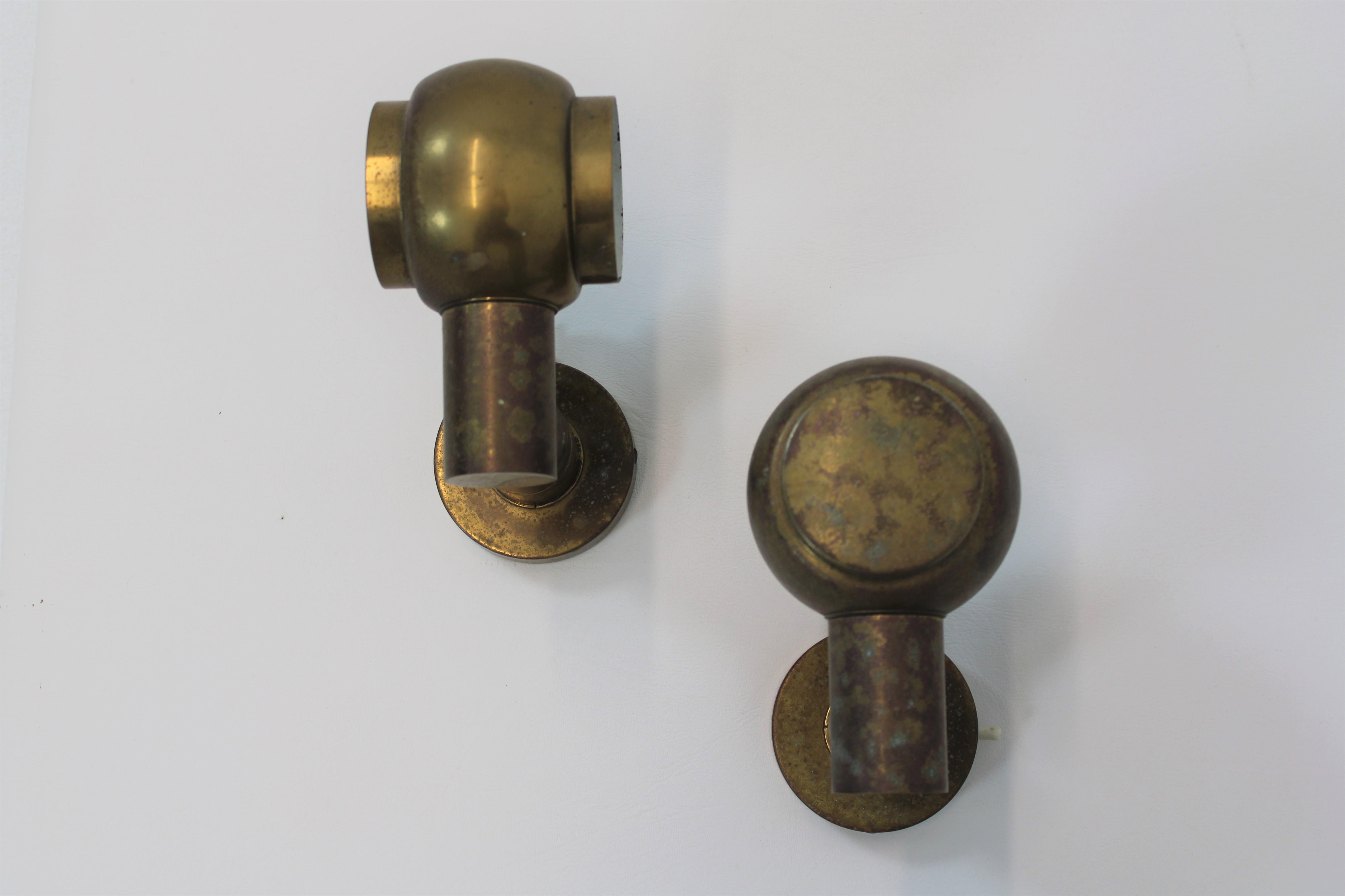 French Patinated Brass Adjustable Tube Sconces, France, 1960s
