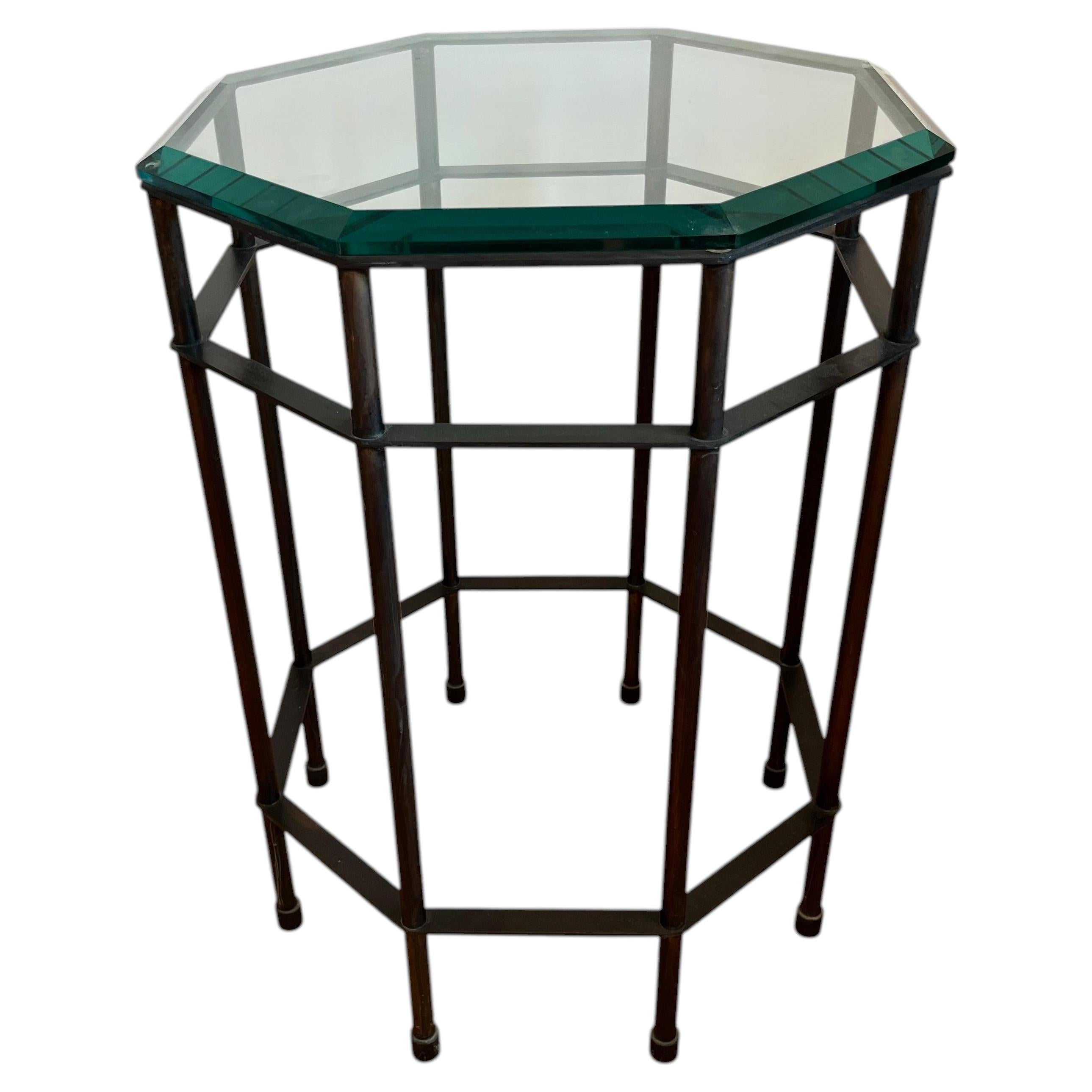 Patinated Brass and Beveled Glass Octagonal Side Table Campaign Style For Sale