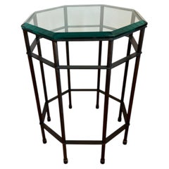 Patinated Brass and Beveled Glass Octagonal Side Table Campaign Style