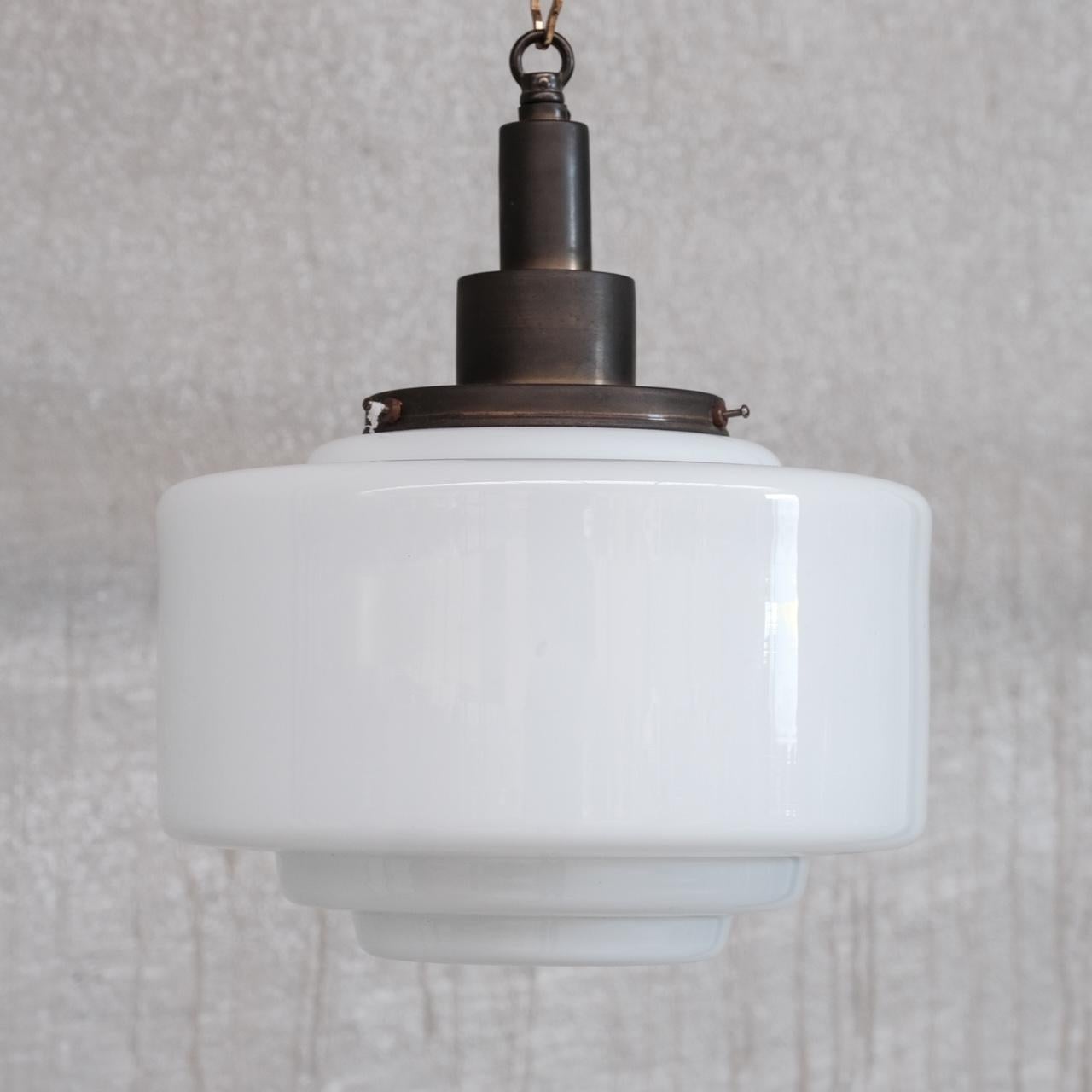 French Patinated Brass and Opaline Glass Stepped Pendant Light For Sale