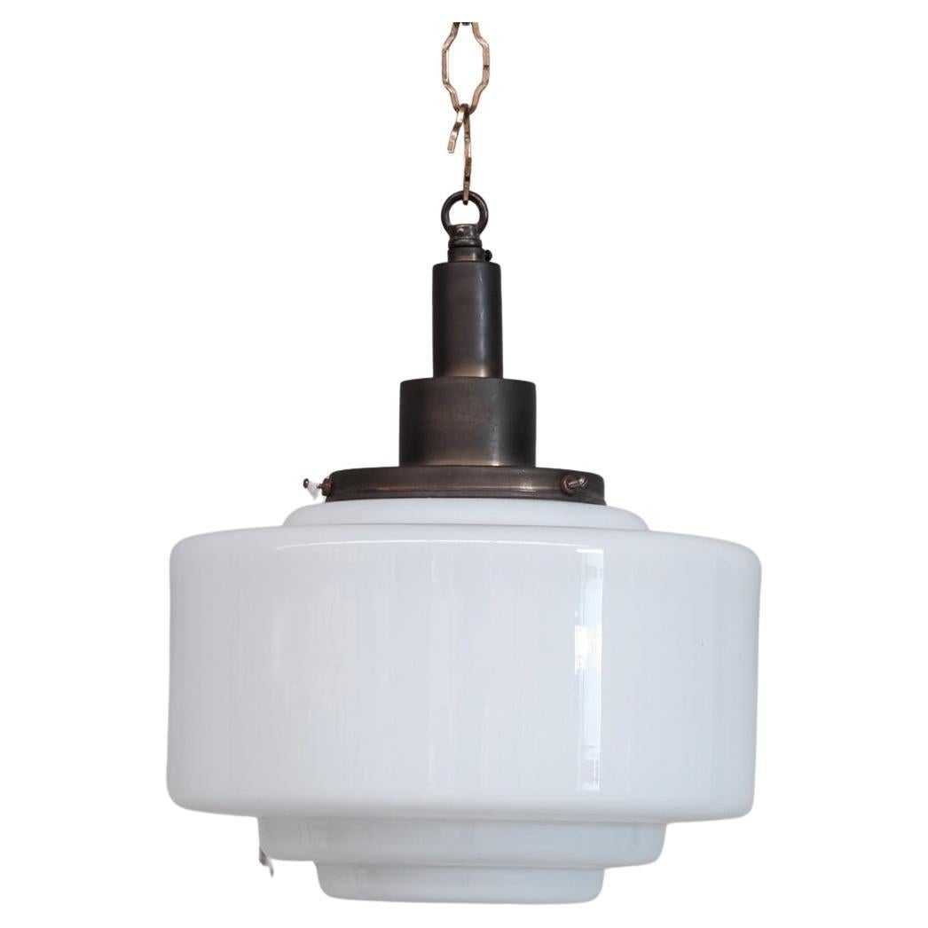 Patinated Brass and Opaline Glass Stepped Pendant Light