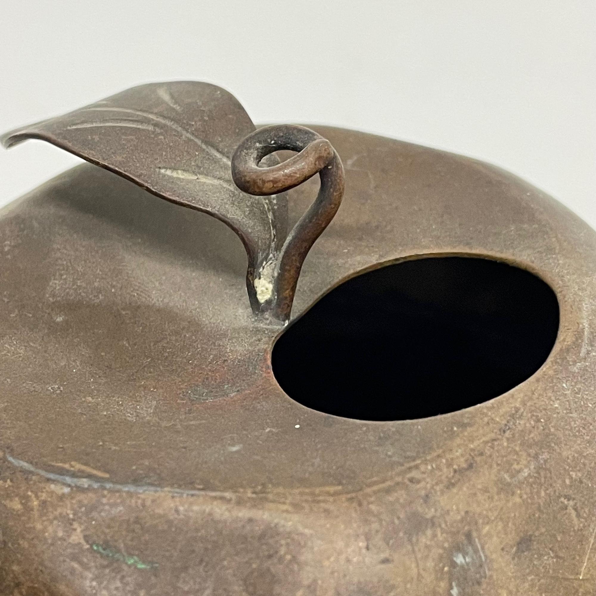 Patinated Brass Apple Shaped Vessel Flower Bud Vase or Pen Holder Desk Accessory 4